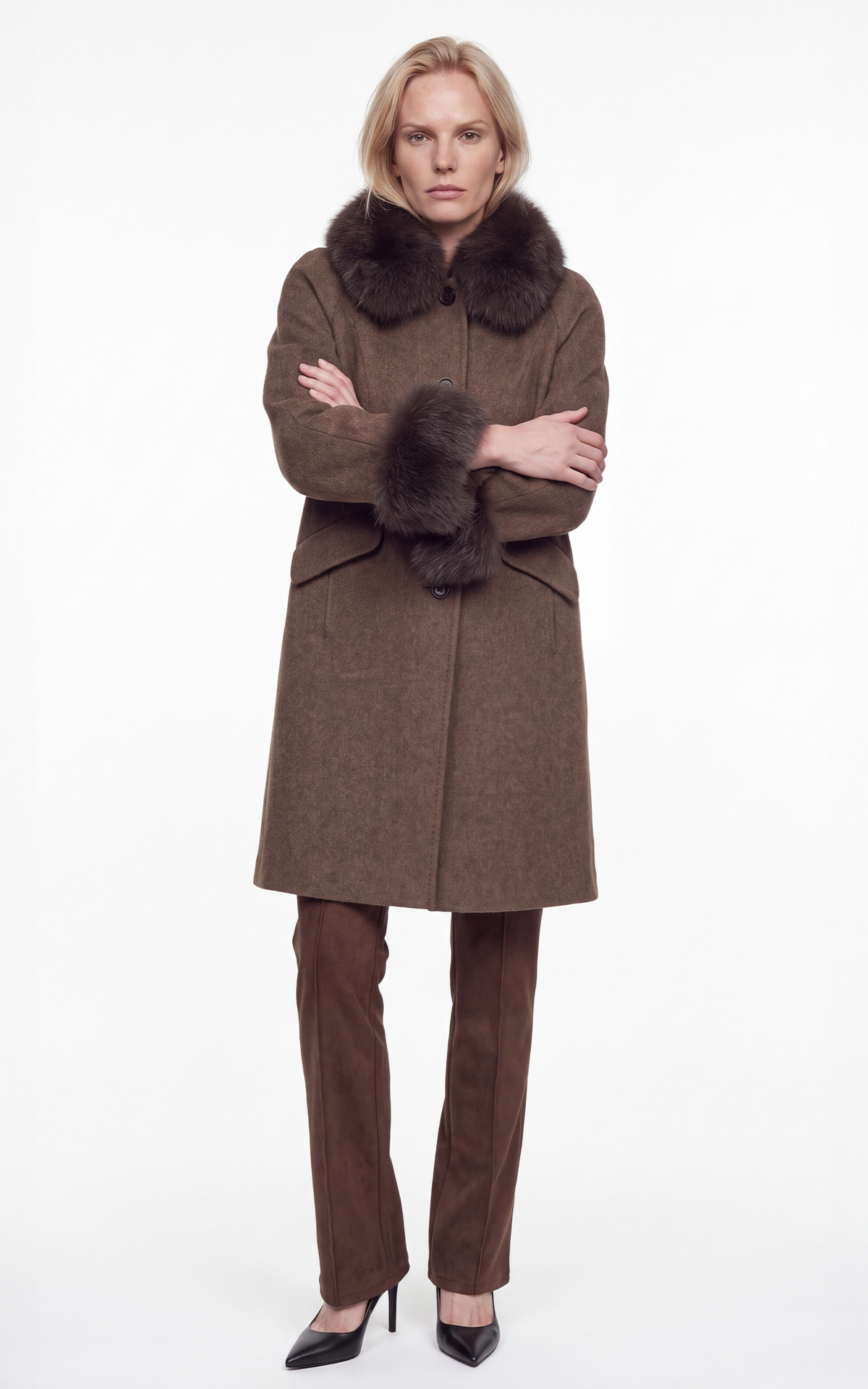 Manteau long en laine et renard Jiliby marron