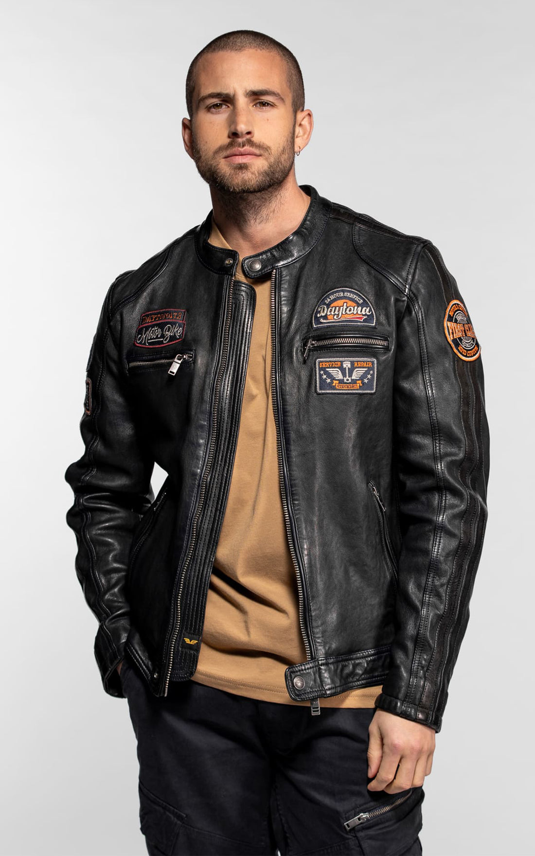 Blouson moto cuir Aniak bleu marine