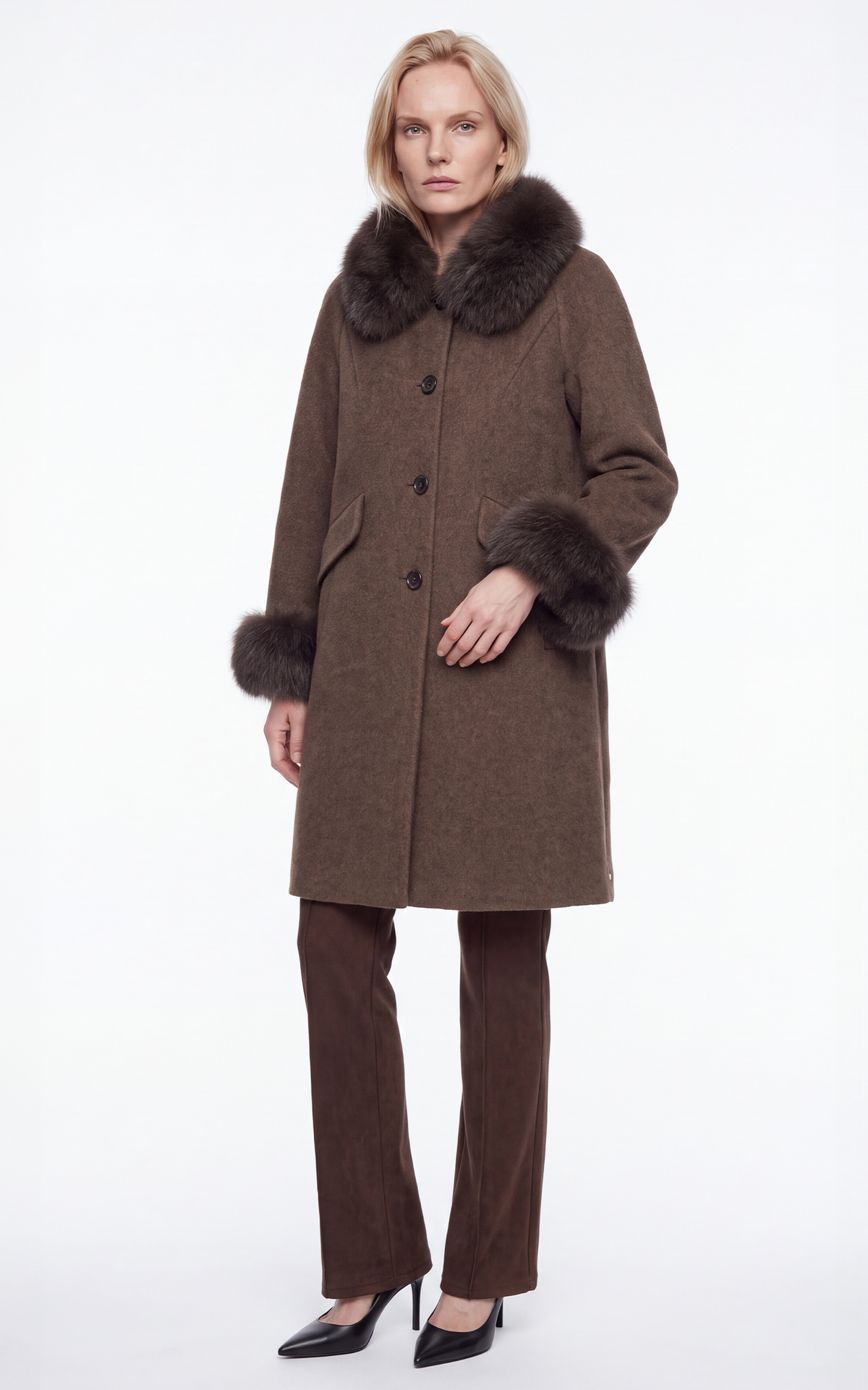 Manteau long en laine et renard Jiliby marron 3