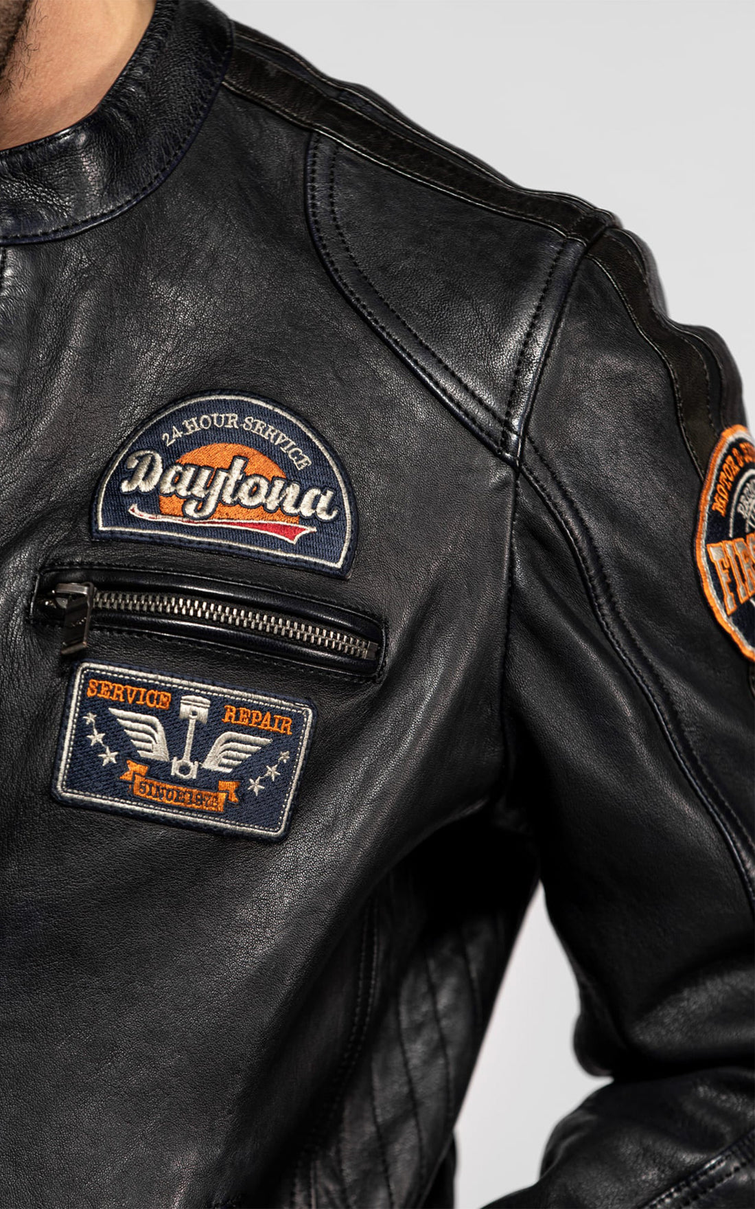 Blouson moto cuir Aniak bleu marine
