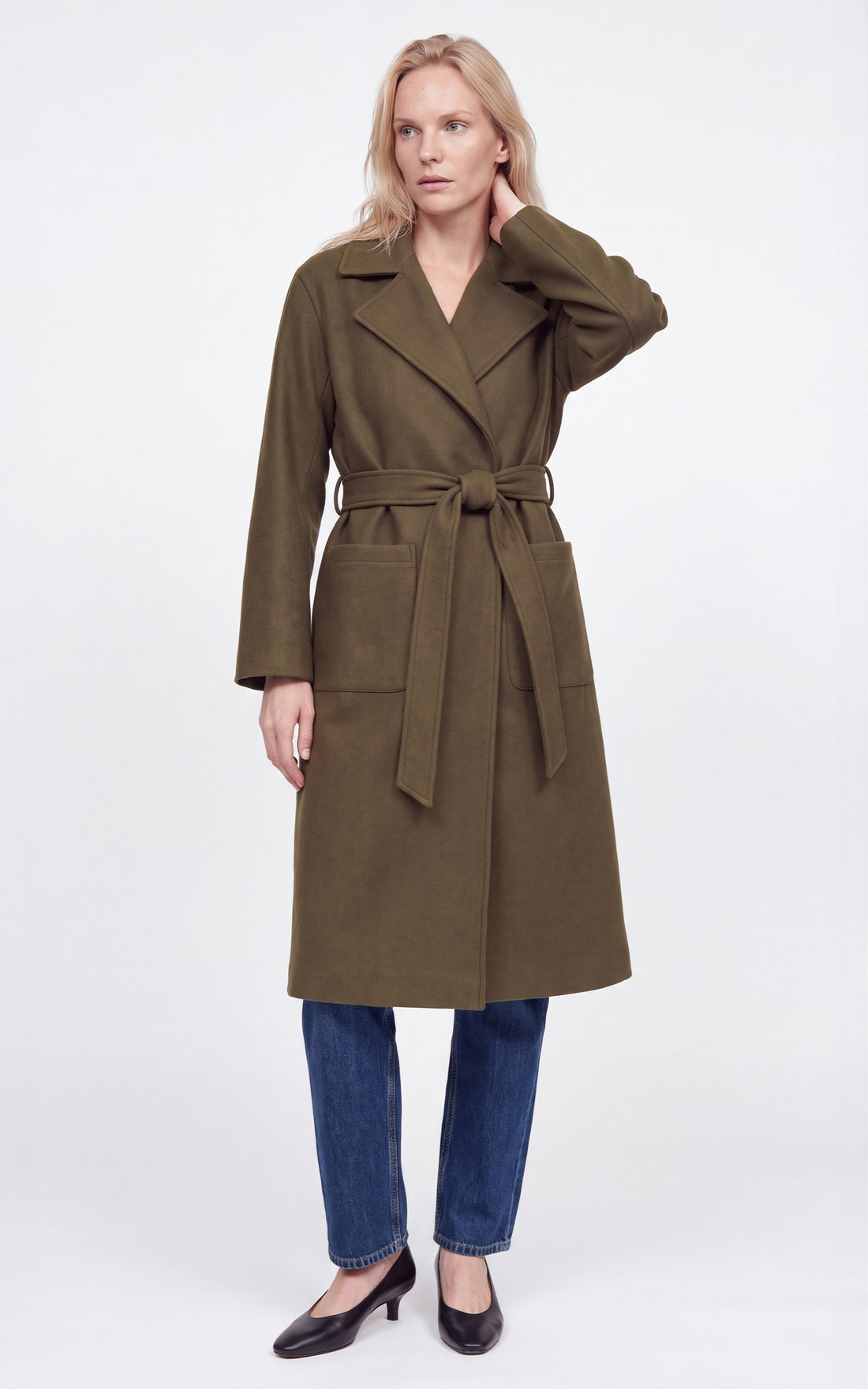 Manteau long avec ceinture laine Reality kaki