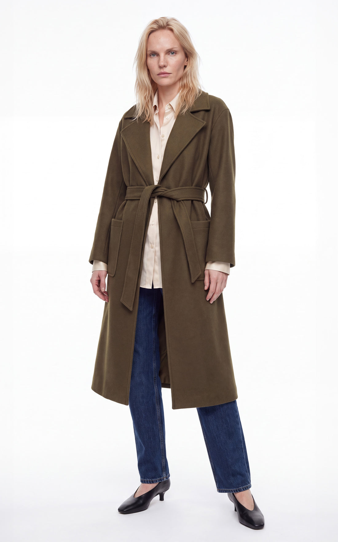 Manteau long avec ceinture laine Reality kaki