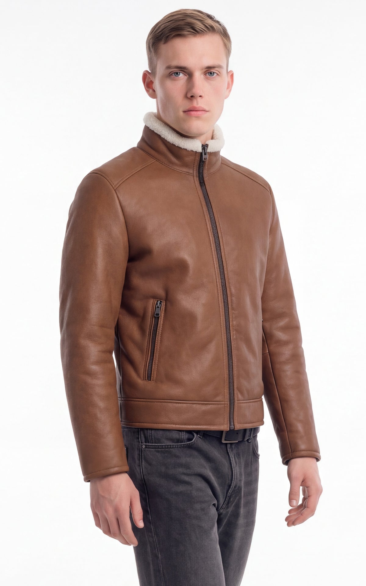 Veste peau lainée Hank cognac