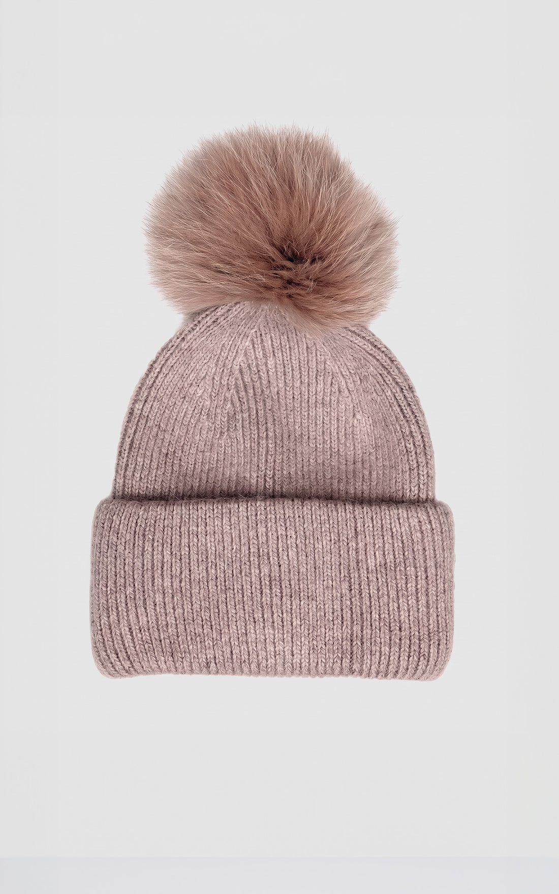 Bonnet laine angora avec pompon fourrure taupe