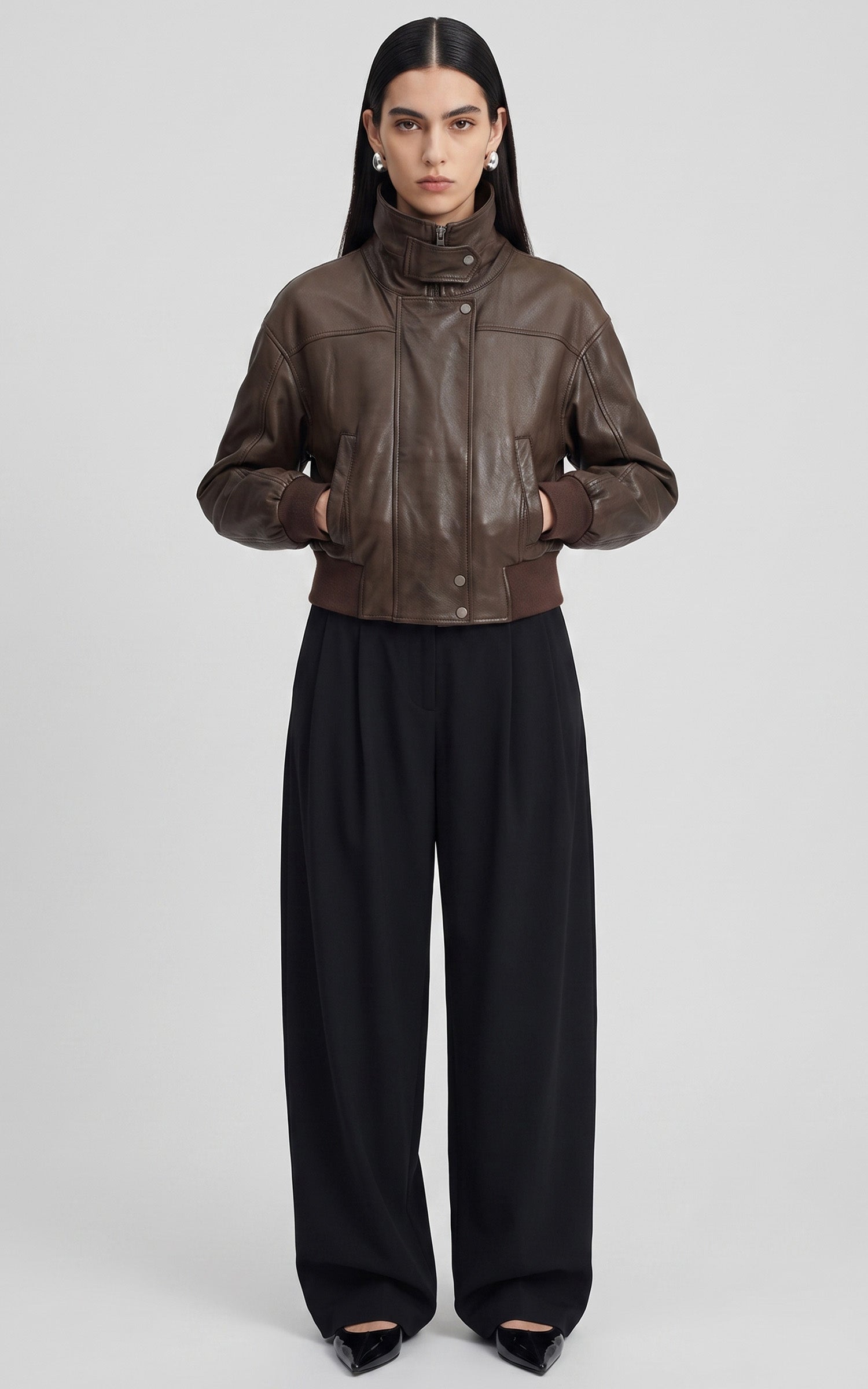 Blouson court cuir Henriette marron