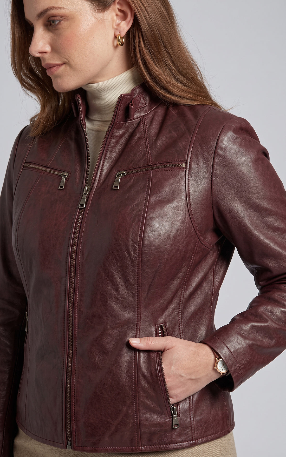 Blouson confort cuir brun cuivré