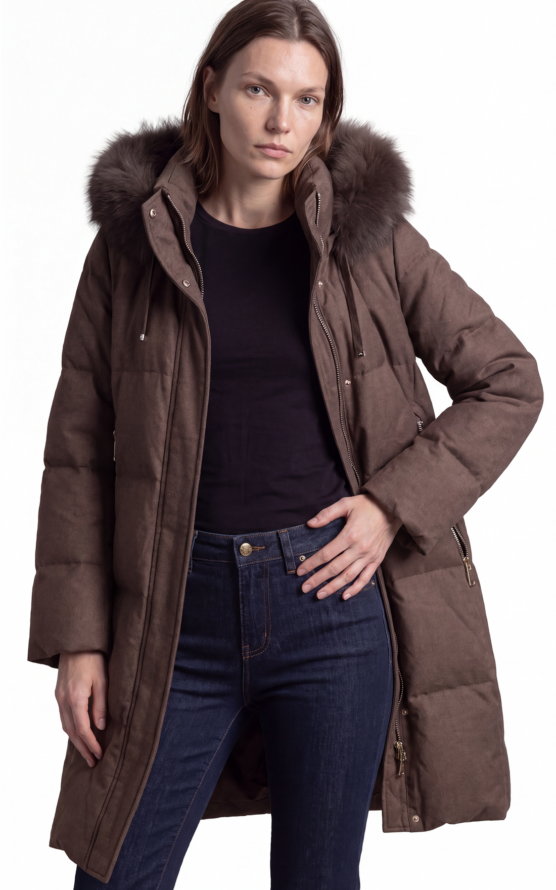 Doudoune longue à capuche avec fourrure imperméable Jadabi marron