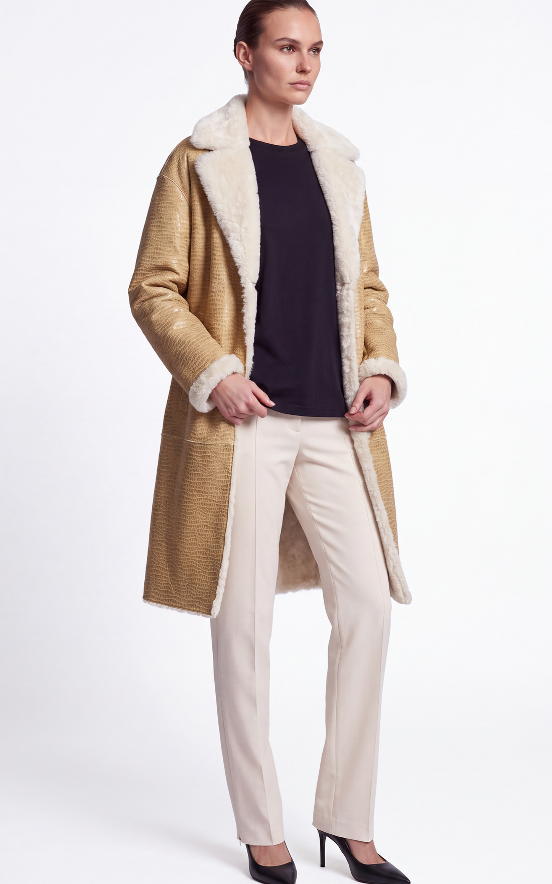 Manteau long peau lainée Izel beige