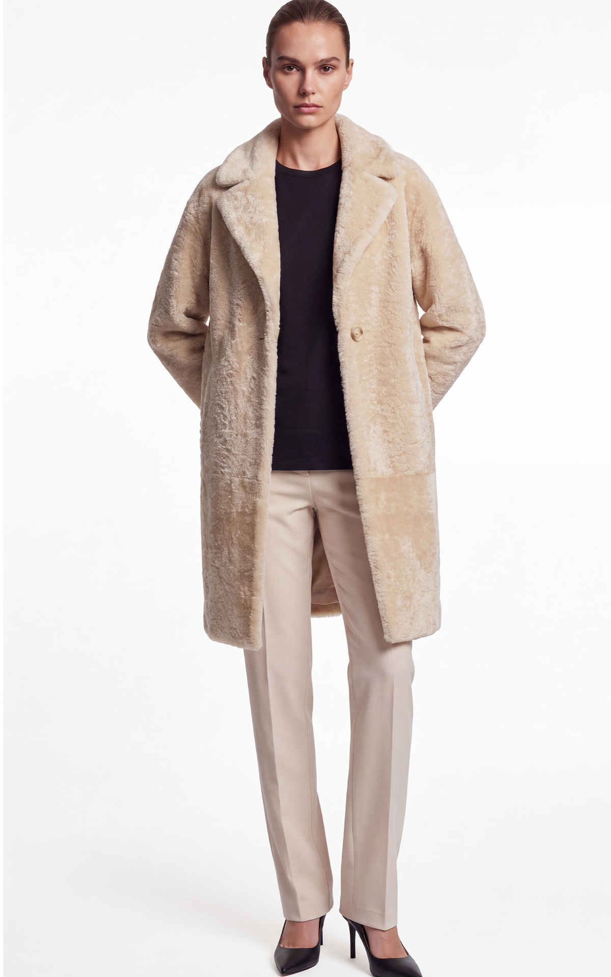 Manteau long peau lainée Izel beige 6
