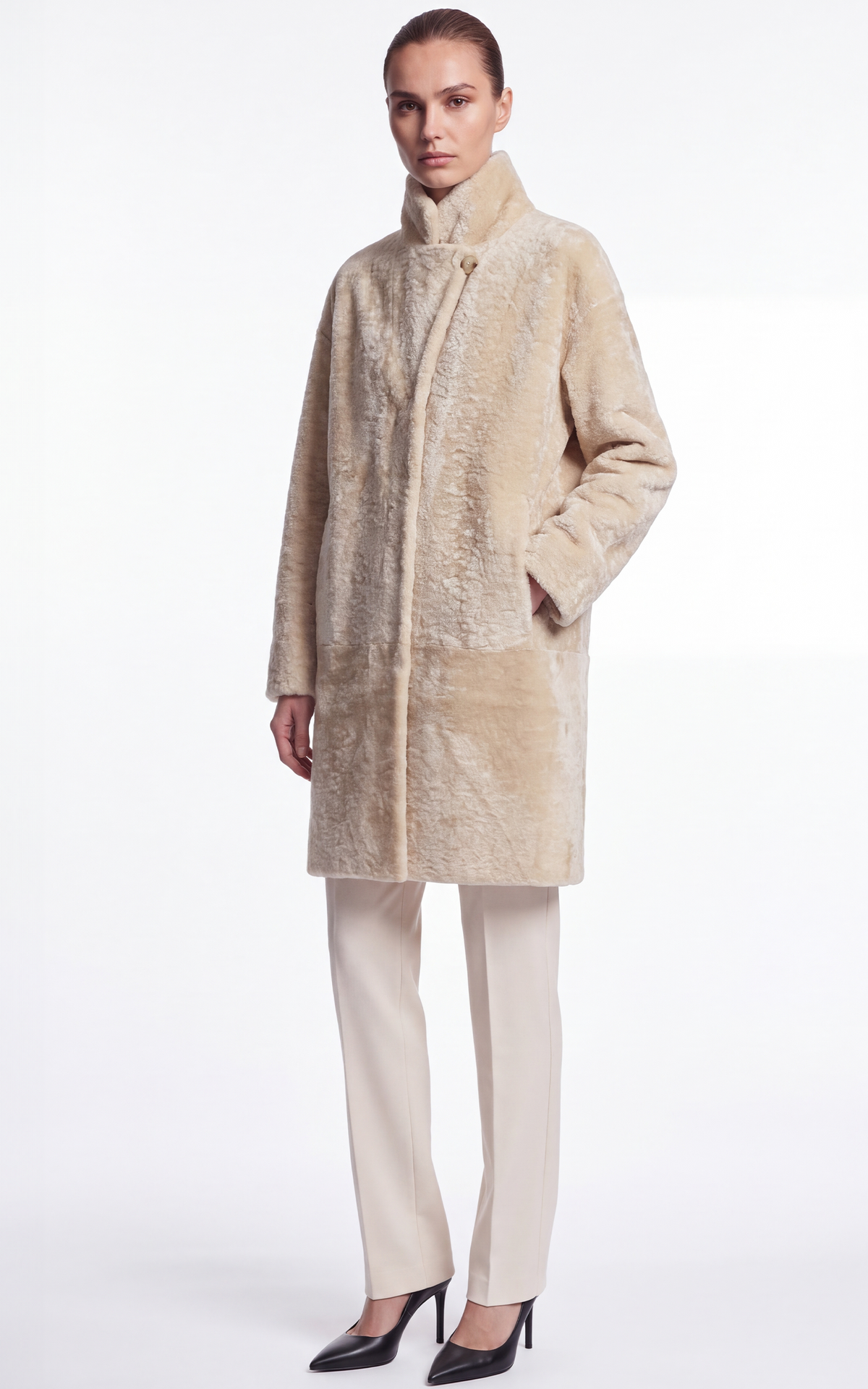 Manteau long peau lainée Izel beige