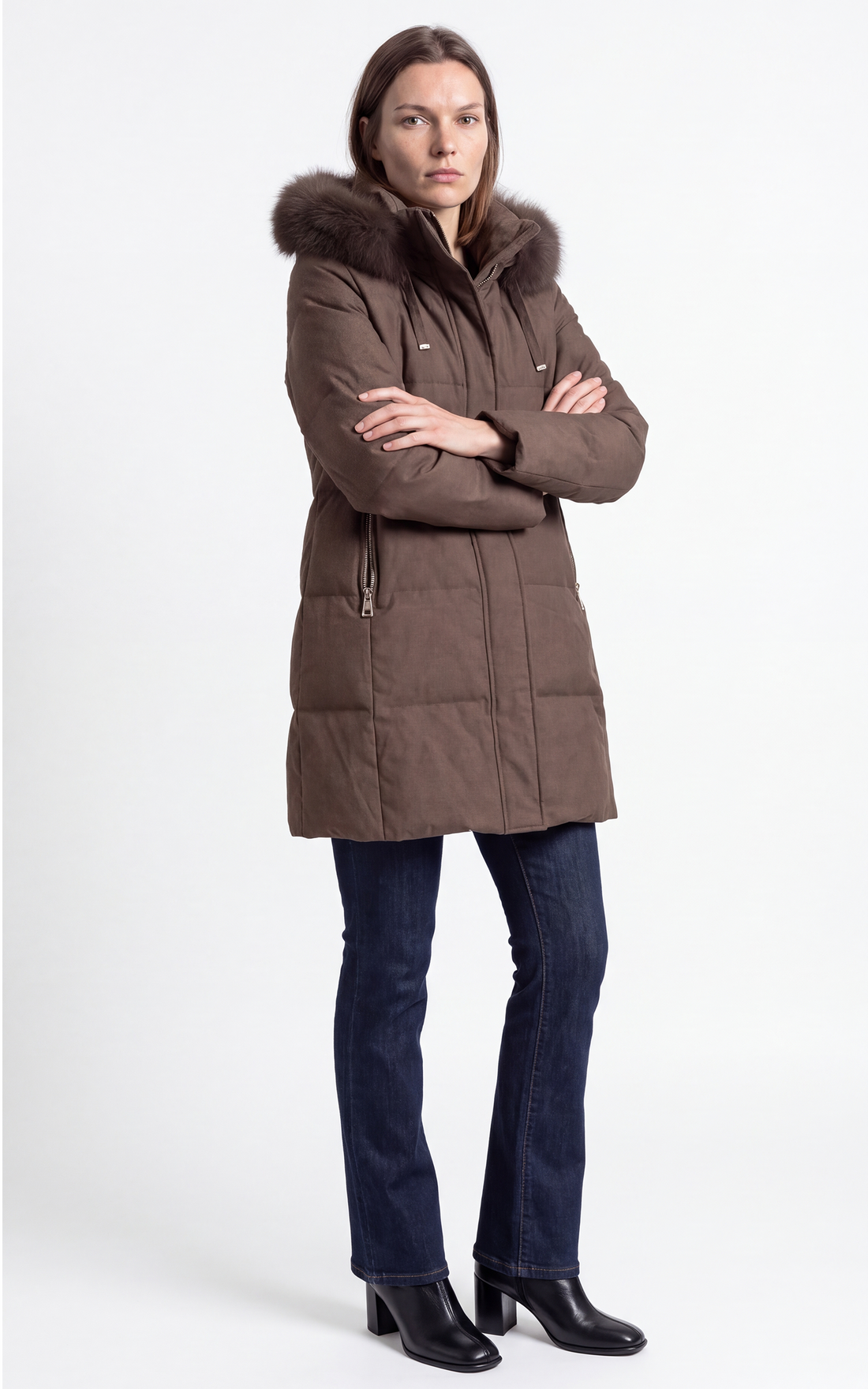 Doudoune longue à capuche avec fourrure imperméable Jadabi marron