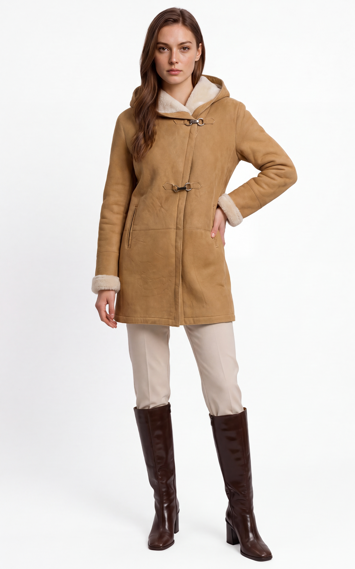 Manteau peau lainée 3/4 marron cognac 2