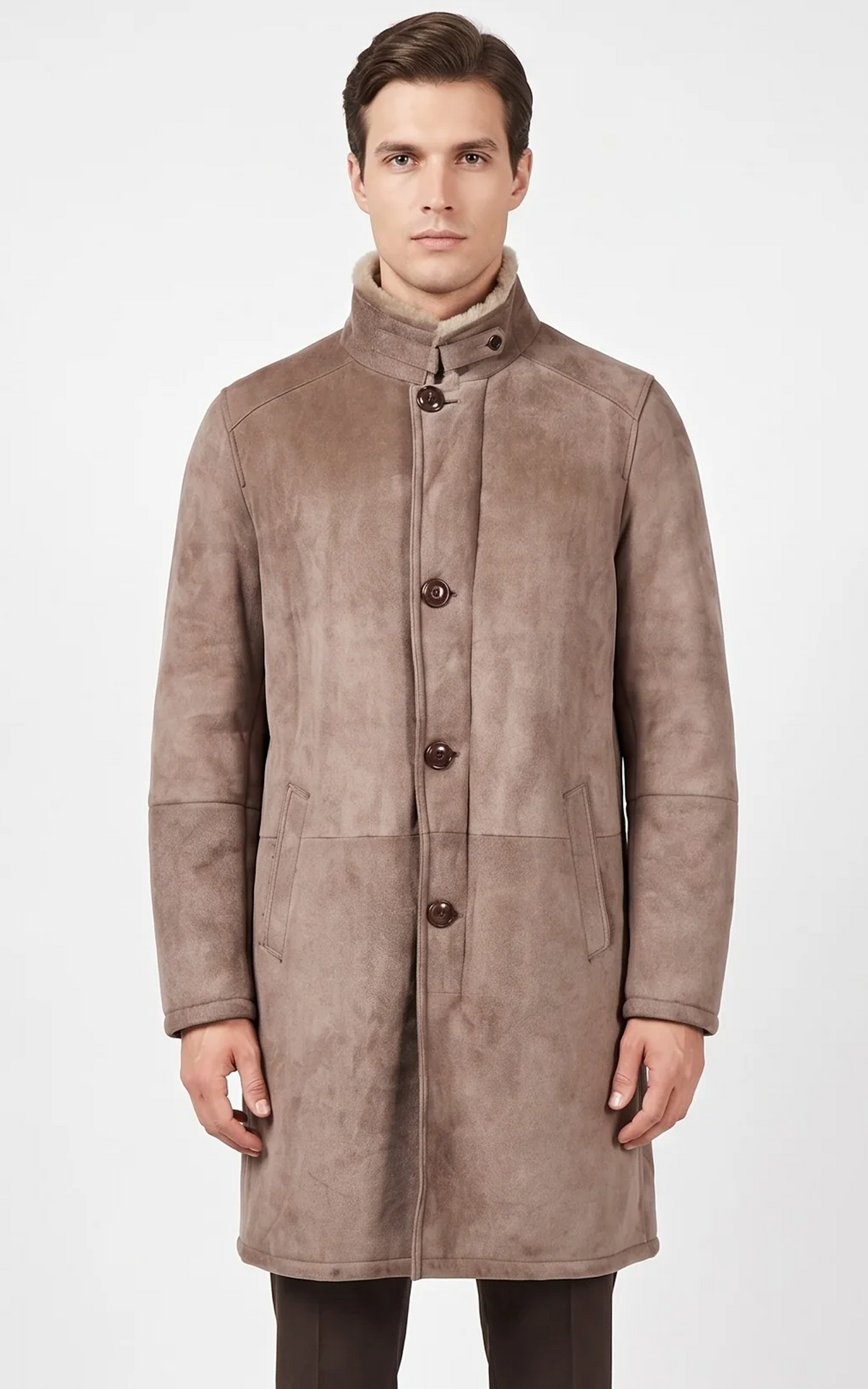 Manteau long peau lainée Carlo beige foncé