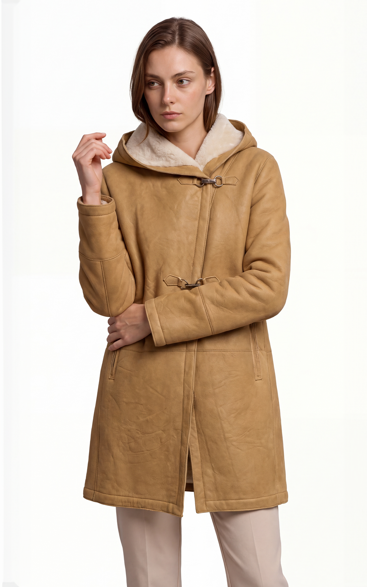 Manteau peau lainée 3/4 marron cognac 1
