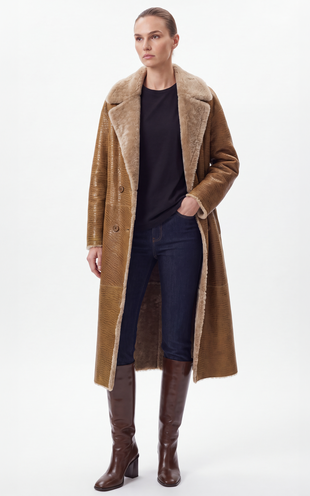 Manteau long peau lainée agneau Jemila camel