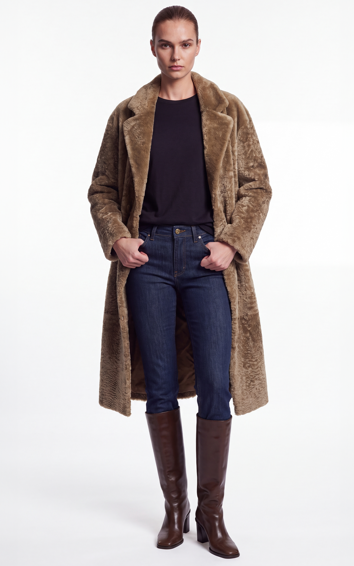 Manteau long peau lainée agneau Jemila camel 4