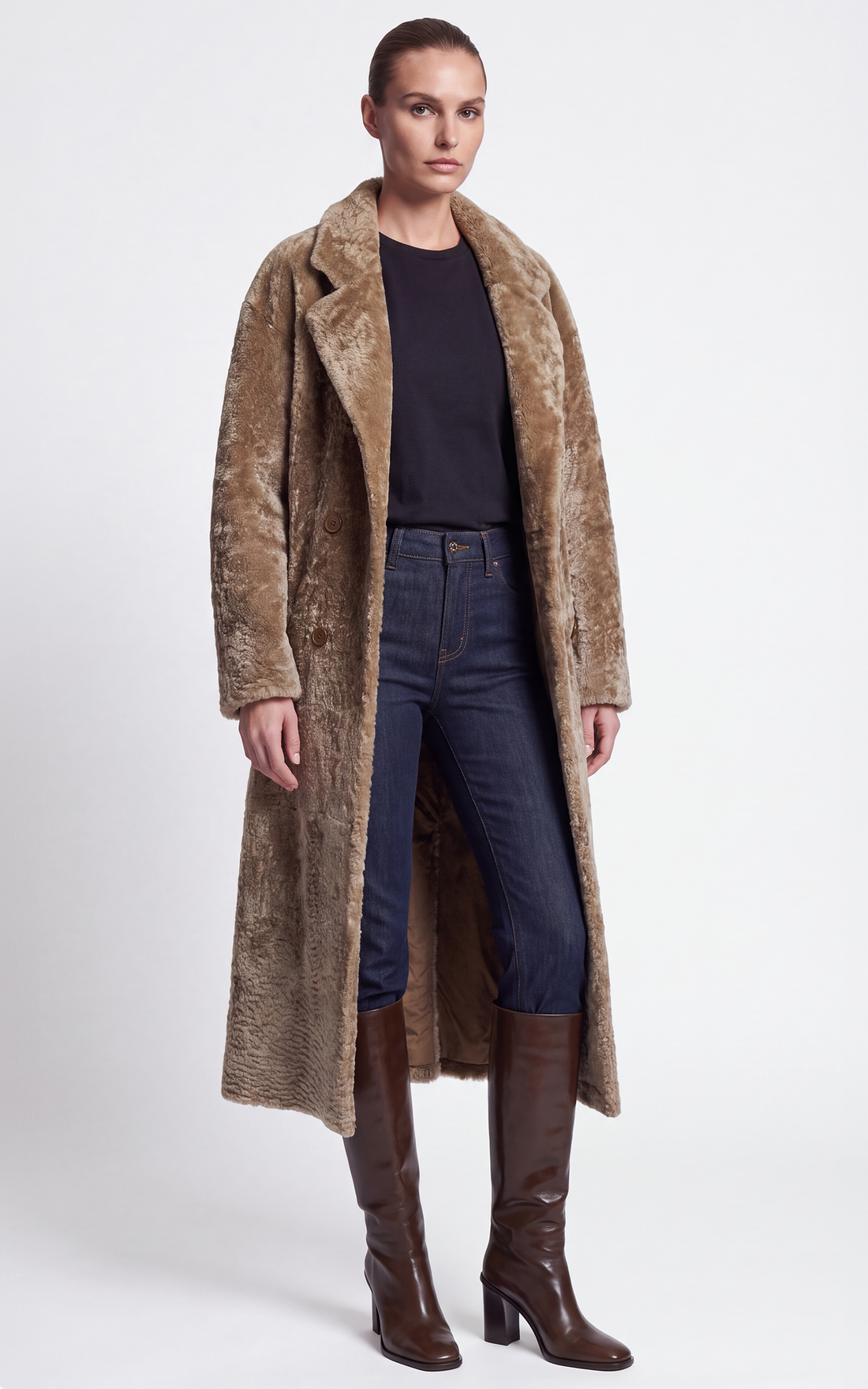 Manteau long peau lainée agneau Jemila camel
