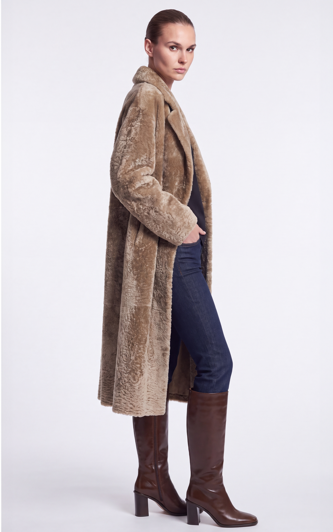 Manteau long peau lainée agneau Jemila camel