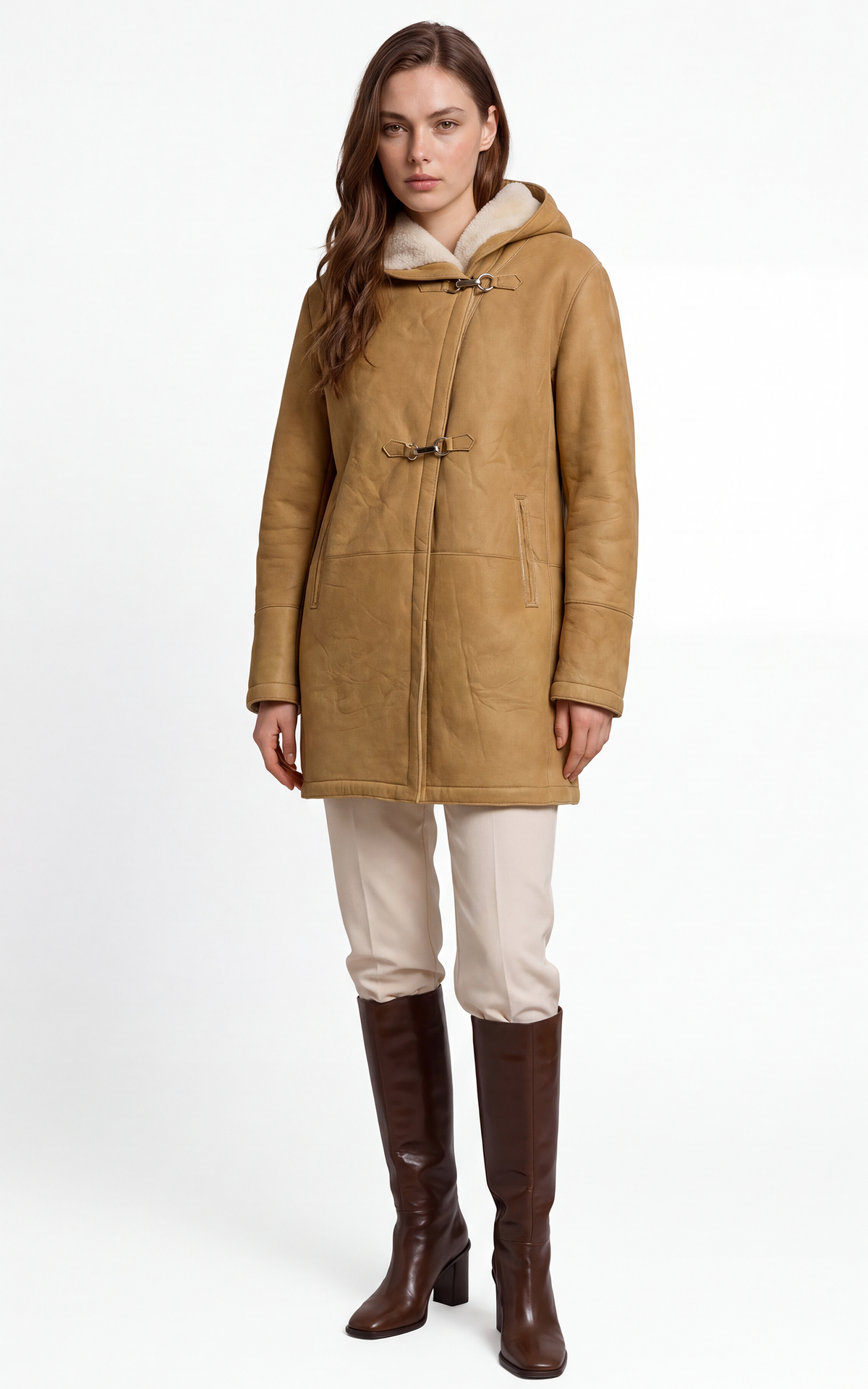Manteau peau lainée 3/4 marron cognac