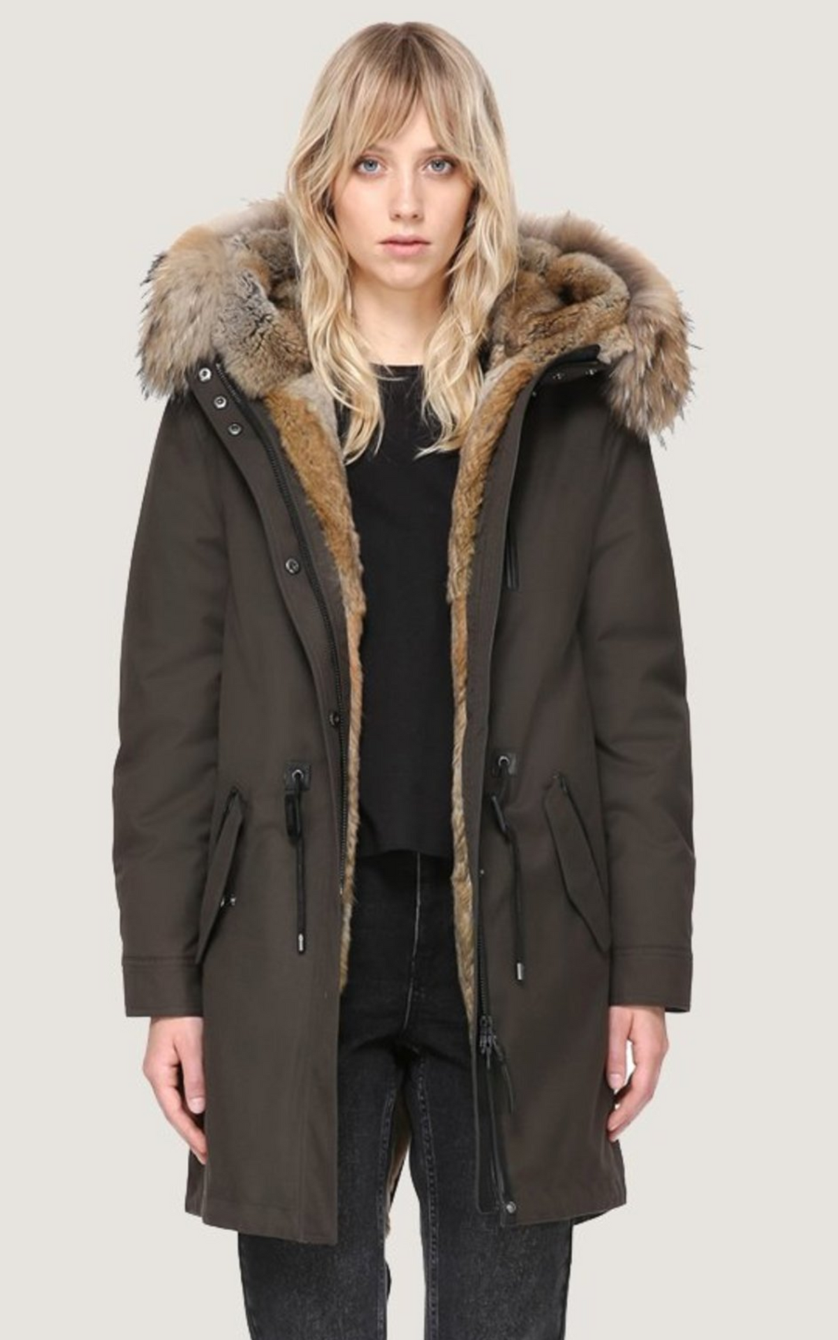 Parka longue à capuche en fourrure Rena kaki 1