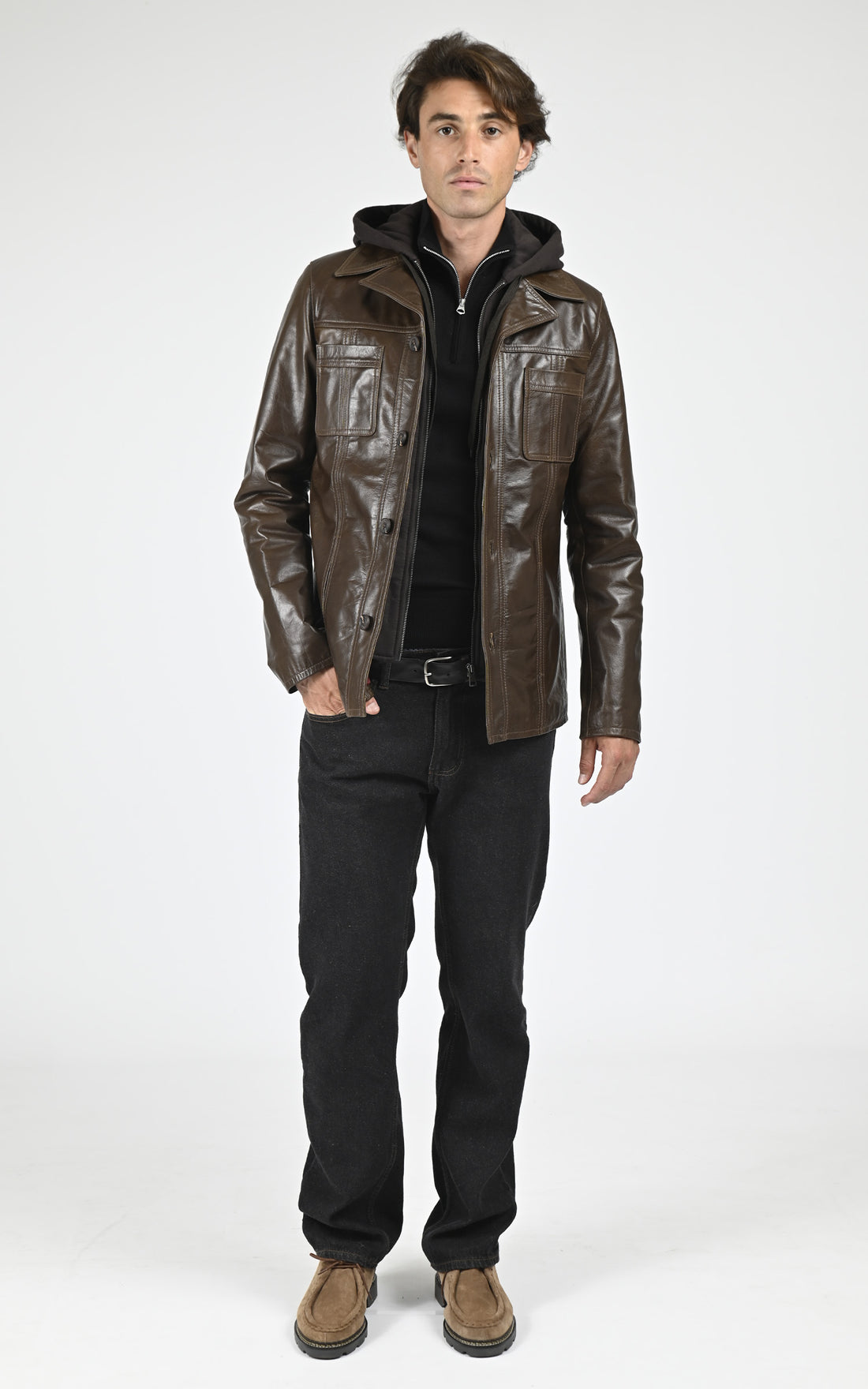 Veste capuche cuir Taggart marron