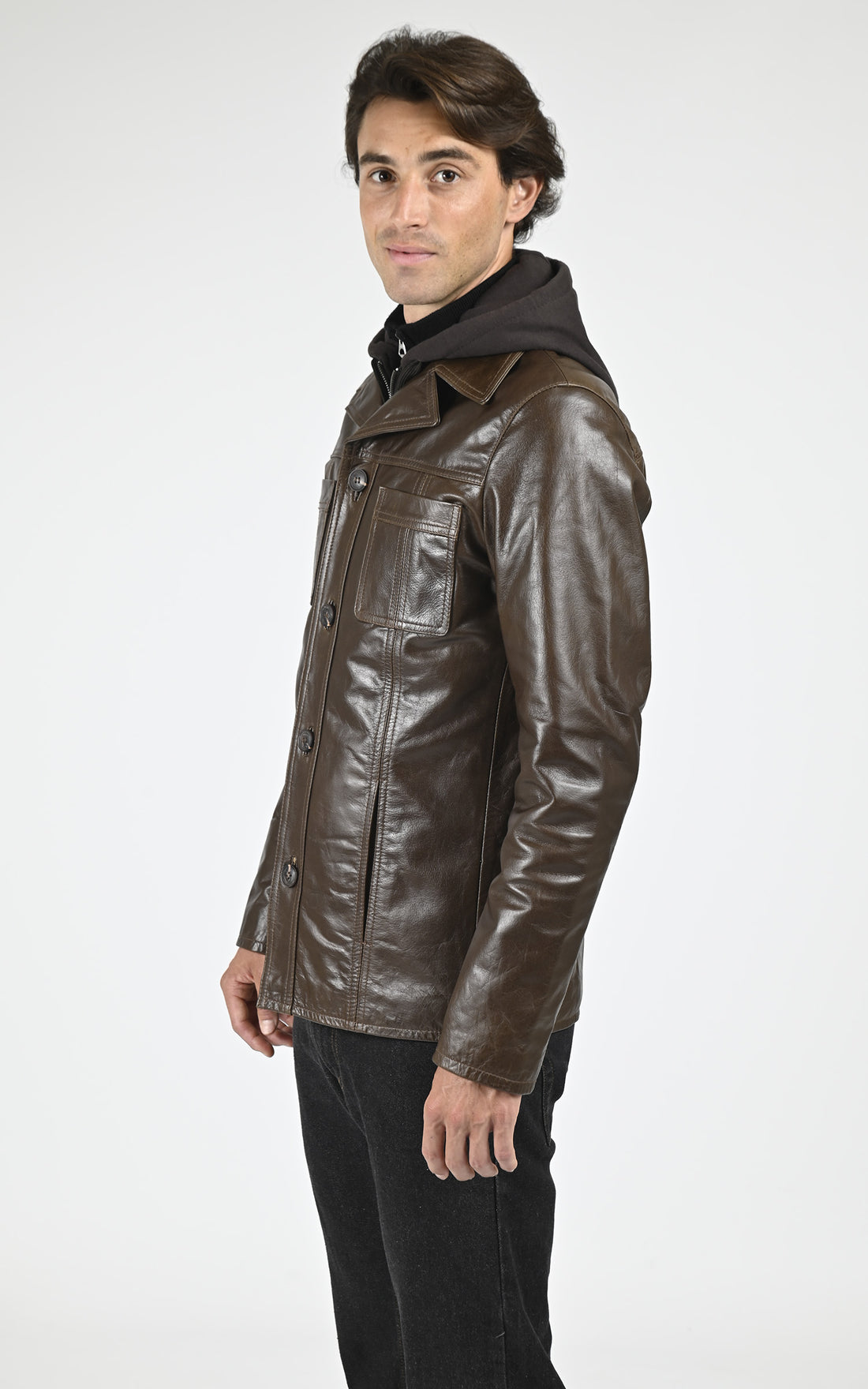 Veste capuche cuir Taggart marron