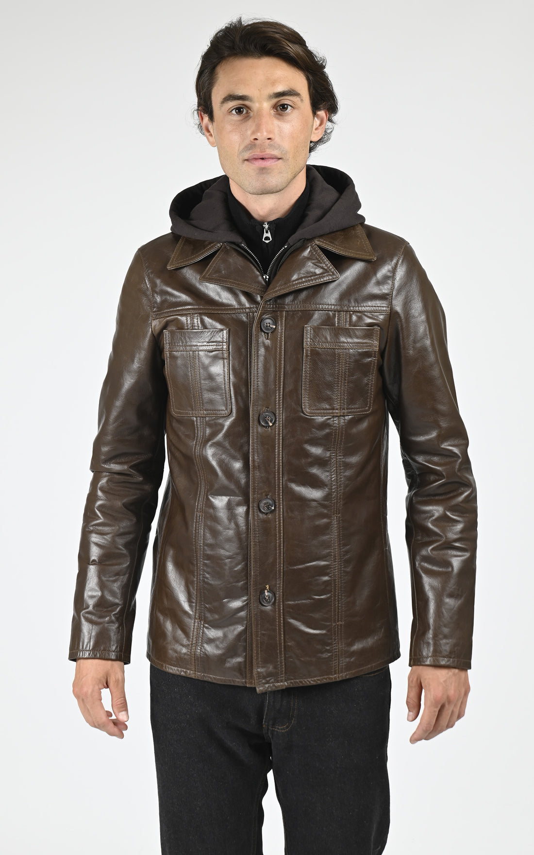 Veste capuche cuir Taggart marron