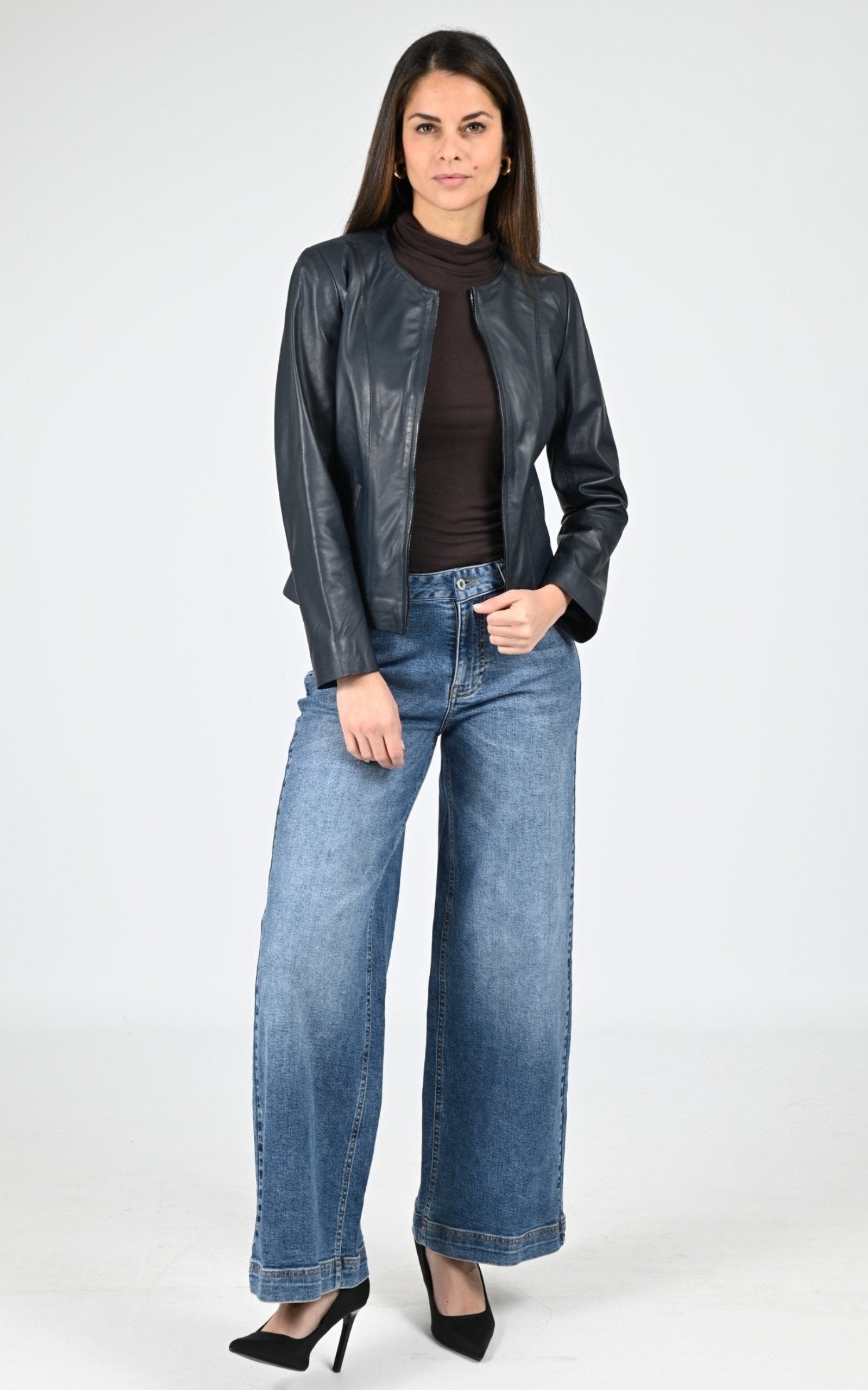 Blouson Cuir Femme La Canadienne, modèle Sephora de couleur navy 2