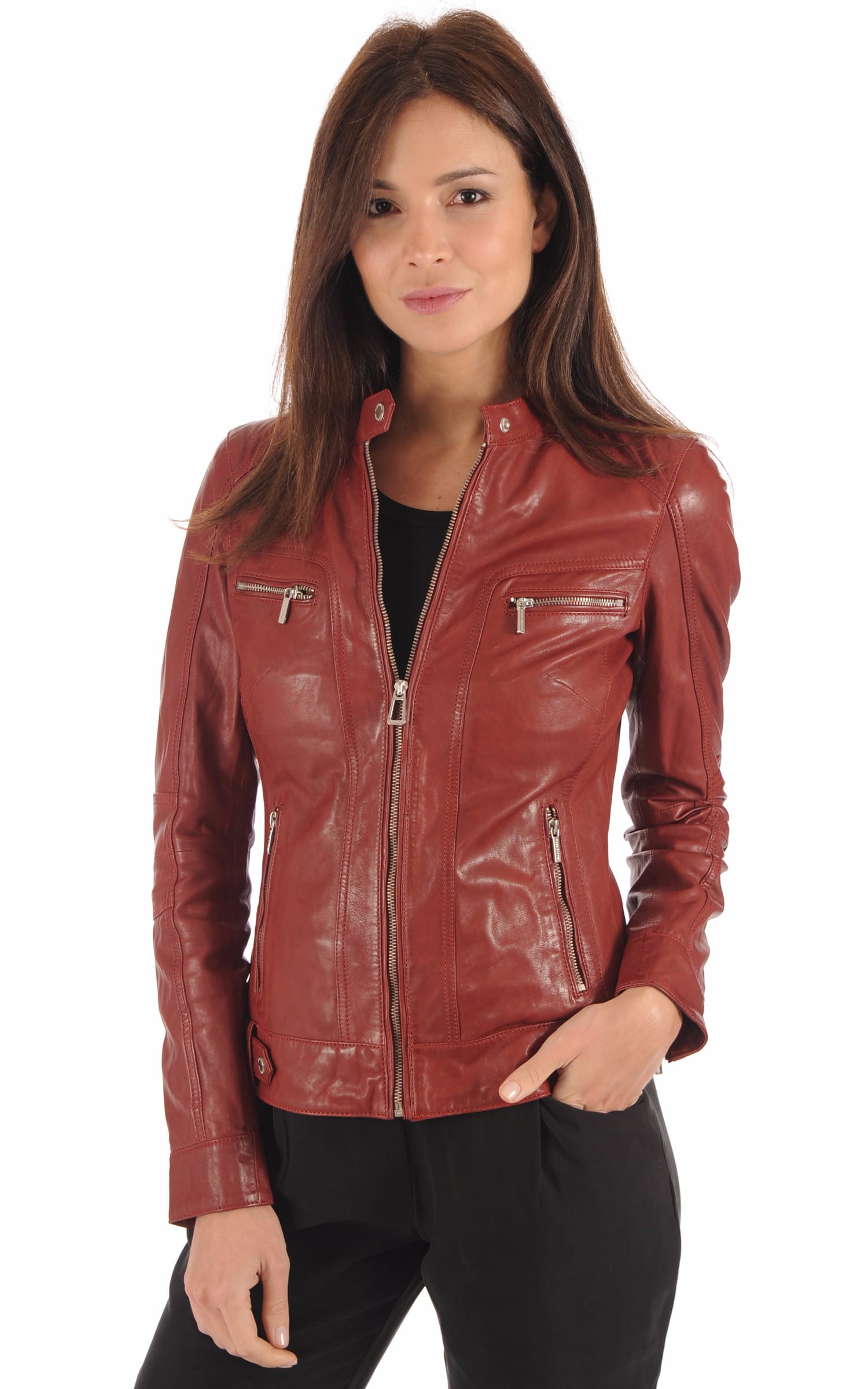 Blouson Cuir Femme Rose garden, modèle Silene 100104 de couleur rouge