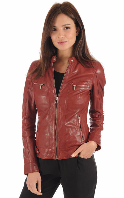 Blouson Cuir Femme Rose garden, modèle Silene 100104 de couleur rouge