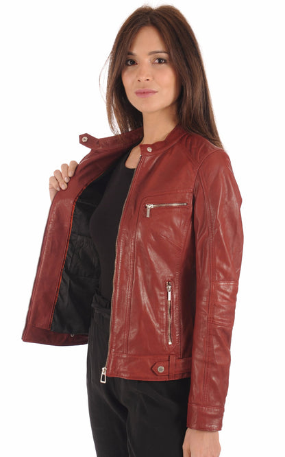 Blouson Cuir Femme Rose garden, modèle Silene 100104 de couleur rouge