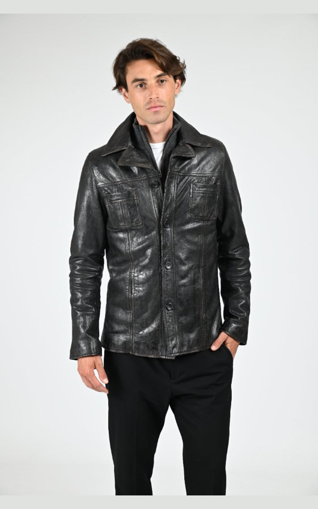 Veste Cuir Homme Serge Pariente, modèle Taggart vintage de couleur noir