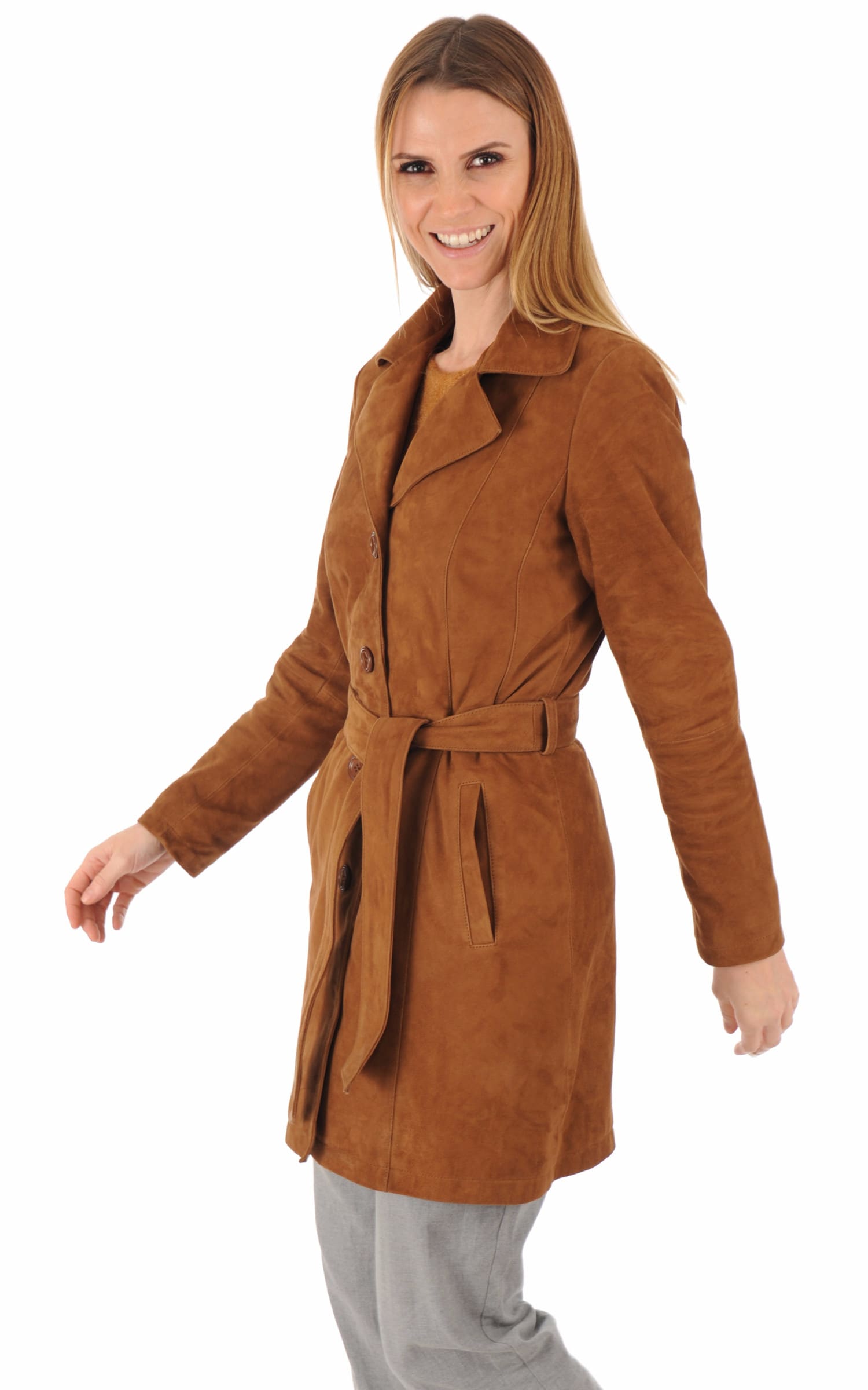 3/4 Daim Femme Levinsky, modèle Trench de couleur cognac / fauve