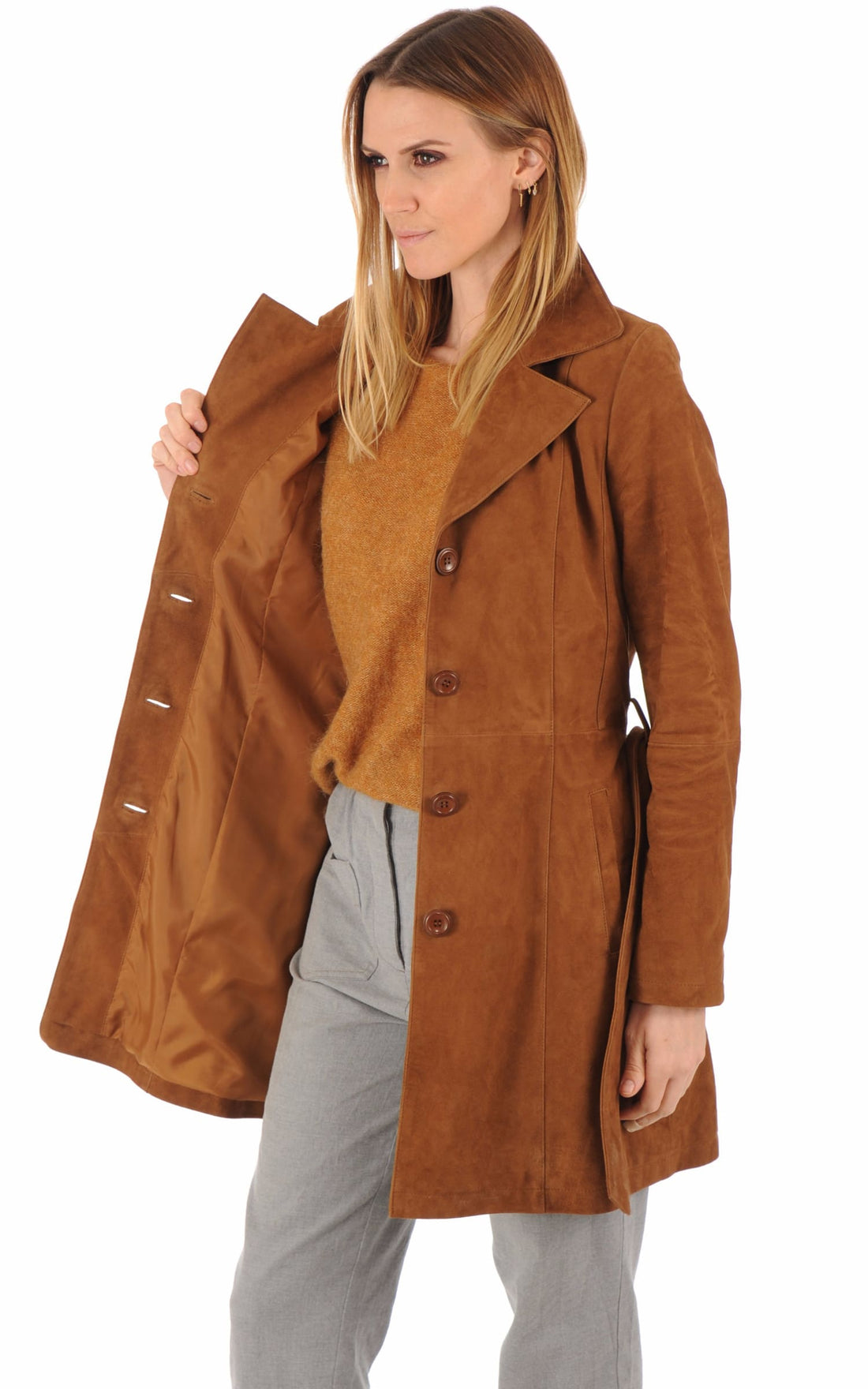 3/4 Daim Femme Levinsky, modèle Trench de couleur cognac / fauve