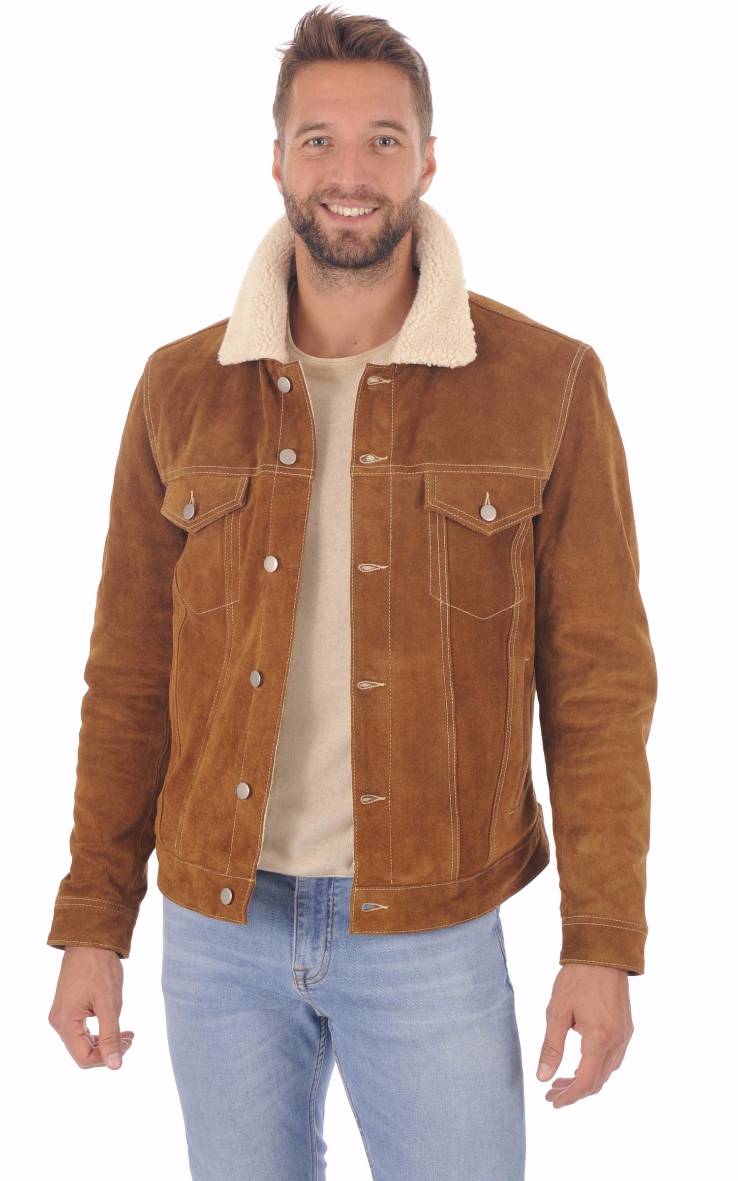 Blouson Croute_de_cuir Homme Daytona 73, modèle Trucker 101508 de couleur cognac / fauve