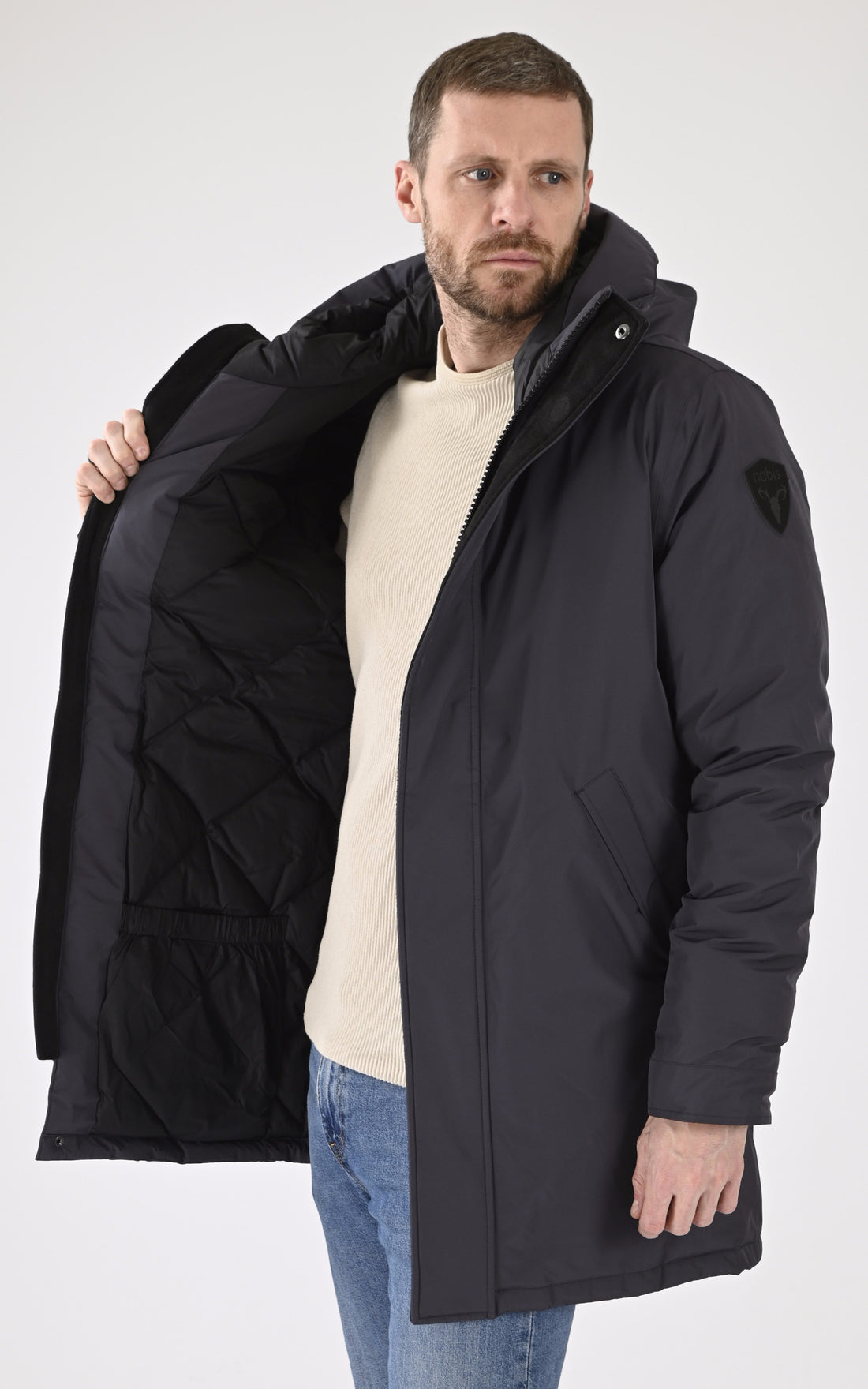 A &quot;PIERRE 3L&quot; Bleu Marine Nobis 3/4 Doudoune Homme opened photo