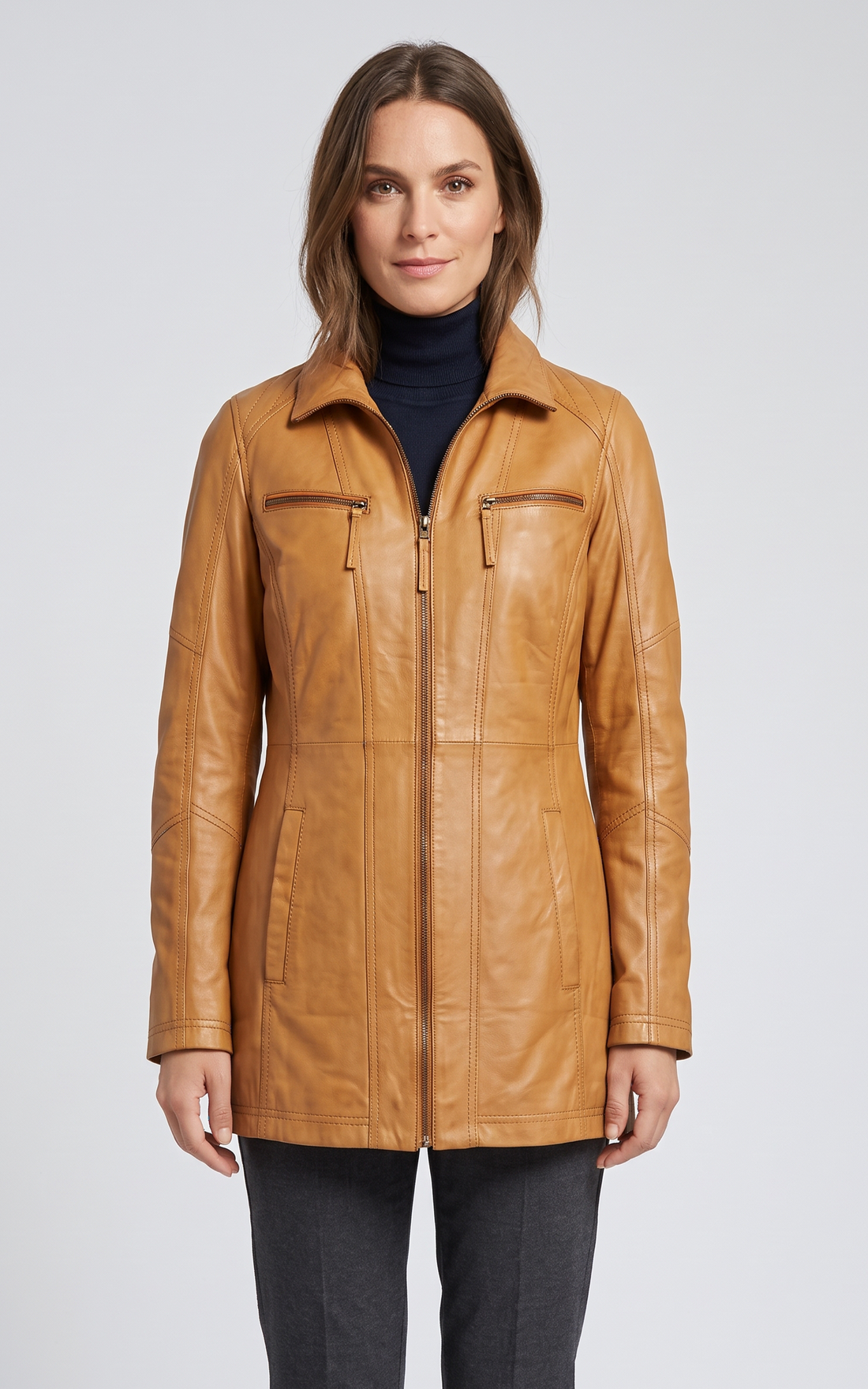 Veste en cuir New Alaine femme cognac