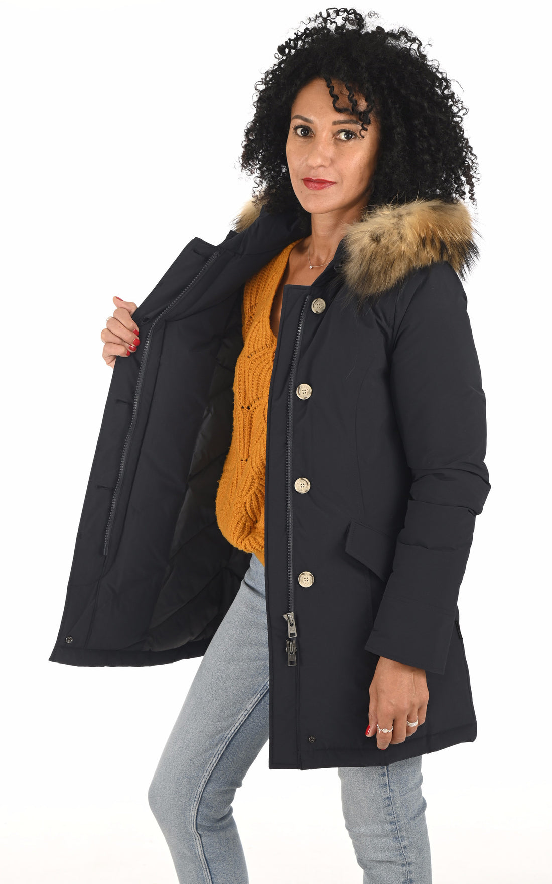 A &quot;LUXURY ARTIC WWOU0652&quot; Bleu Marine Woolrich 3/4 Parka Femme opened photo