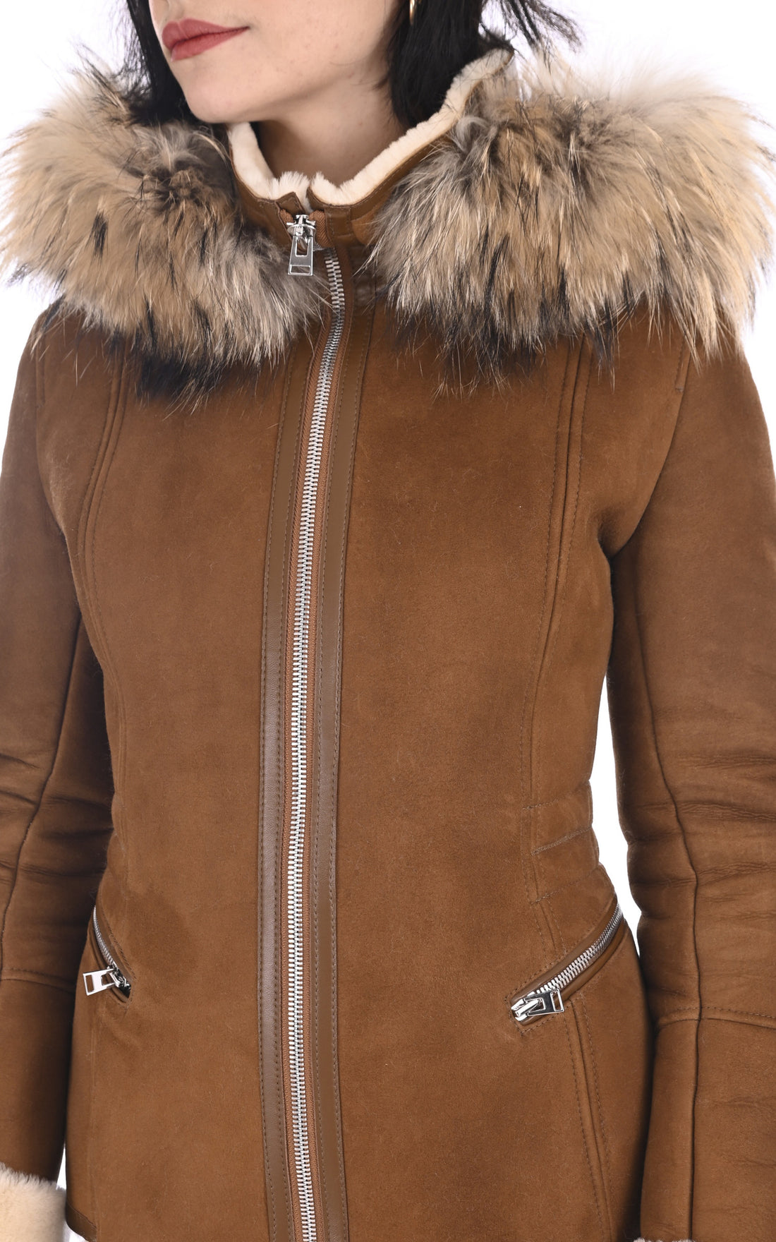 A &quot;ELENA SOFT VELOURS FF&quot; Camel La Canadienne Veste Femme opened photo