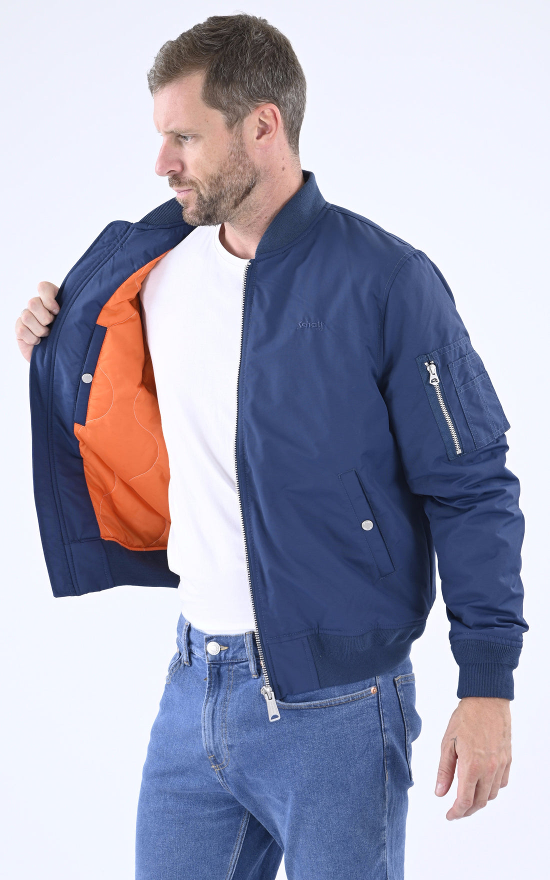 A &quot;AIRKRAFT&quot; Bleu Marine Schott Blouson Homme opened photo