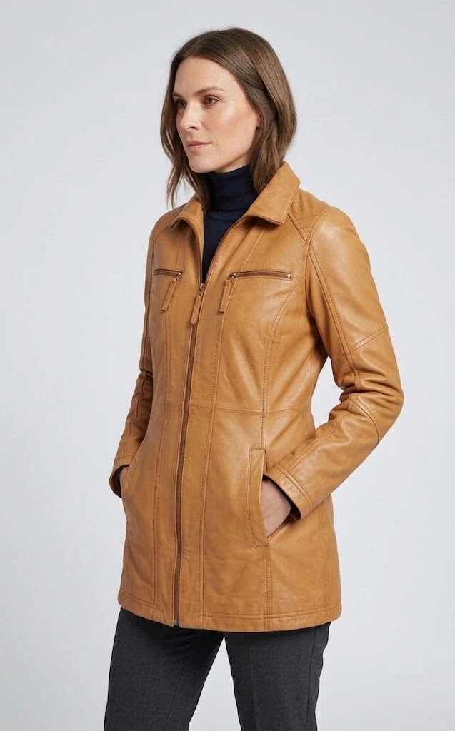 Veste en cuir New Alaine femme cognac