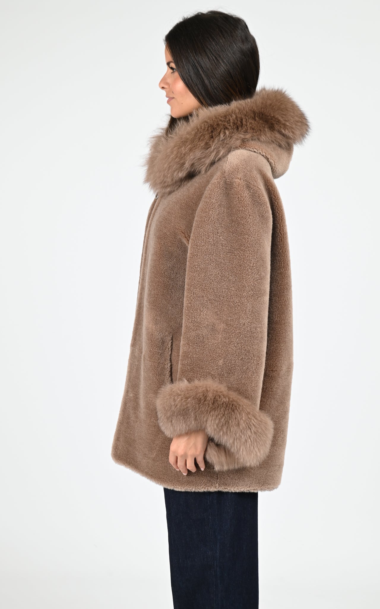 Manteau cape laine tissée et renard noisette