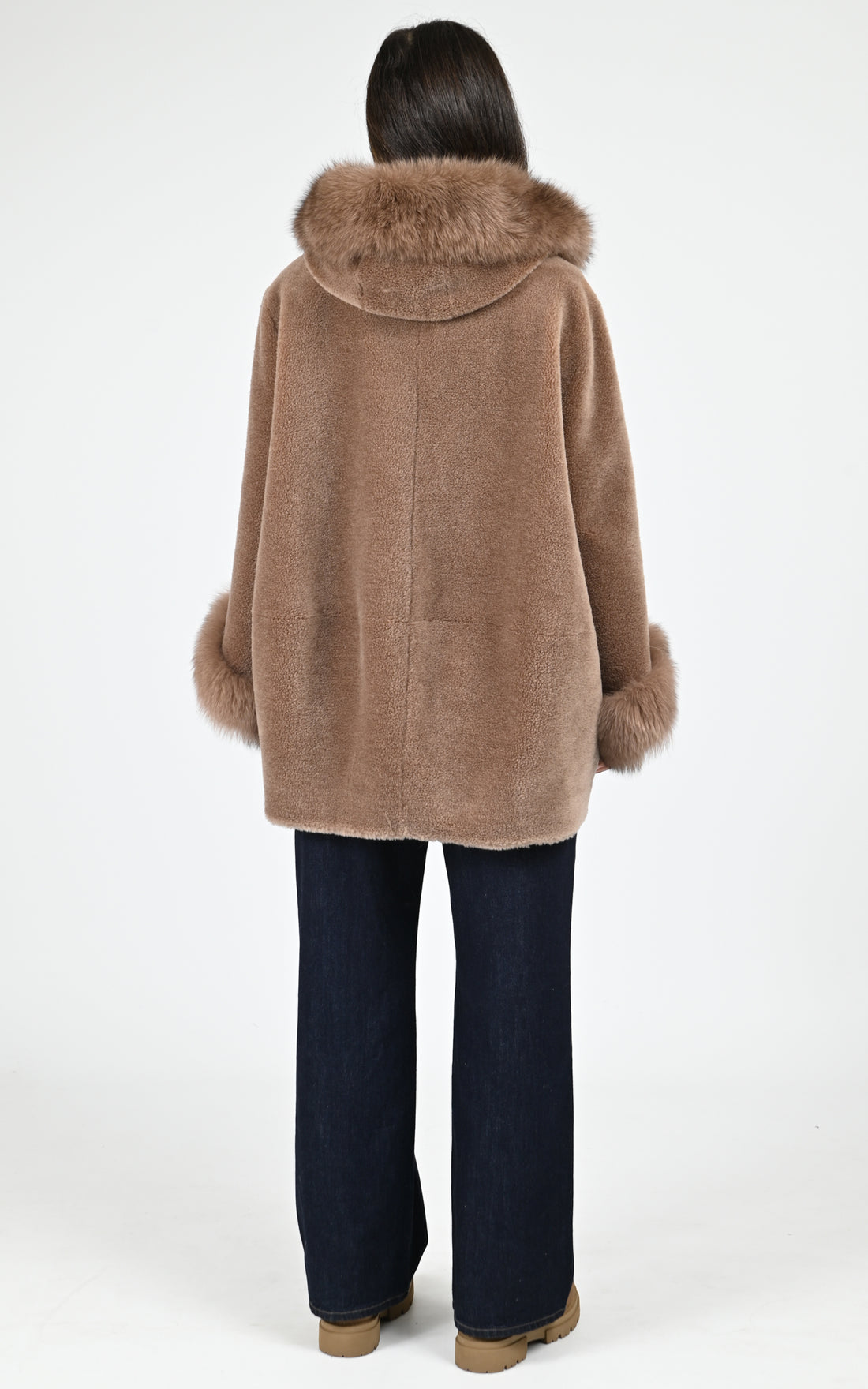 Manteau cape laine tissée et renard noisette