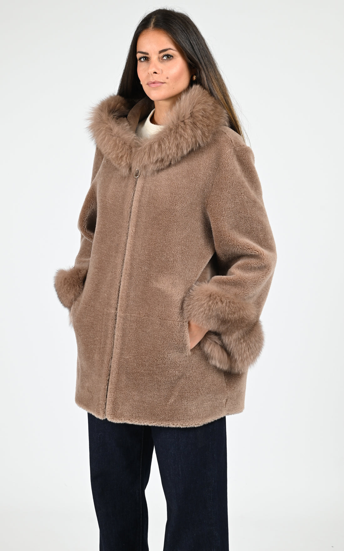 Manteau cape laine tissée et renard noisette