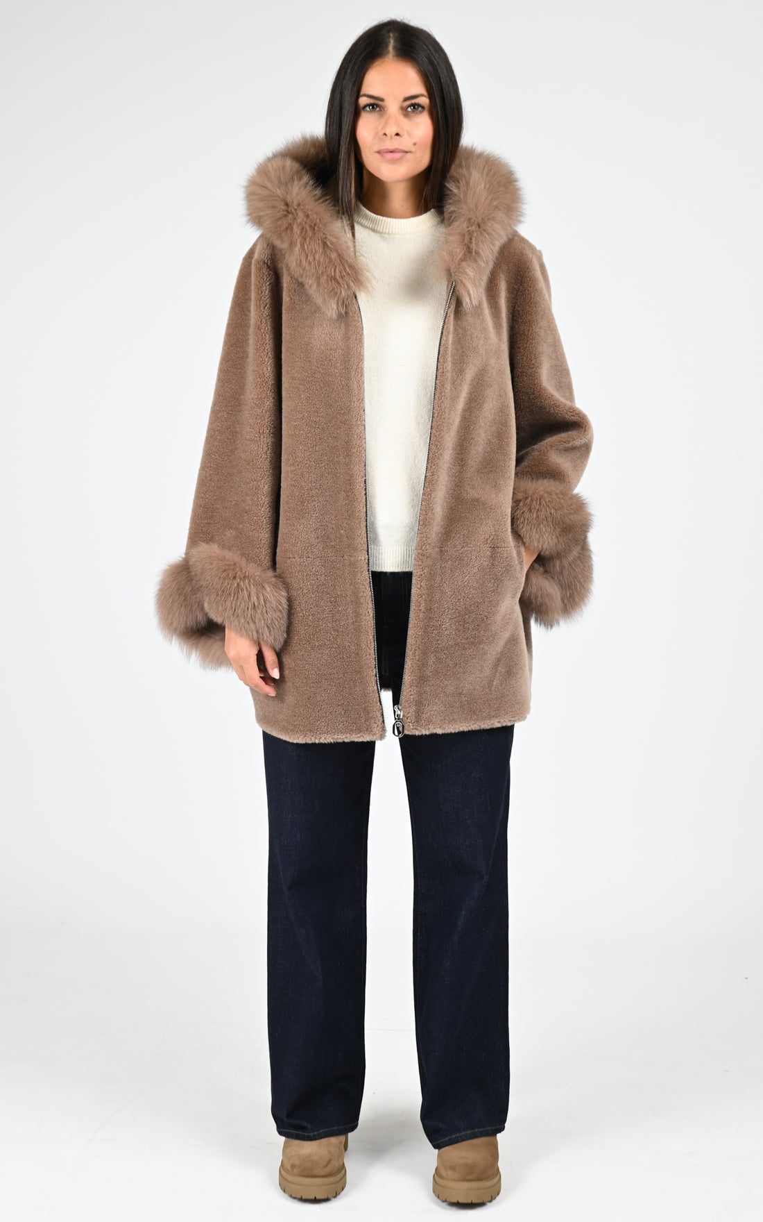 Manteau cape laine tissée et renard noisette