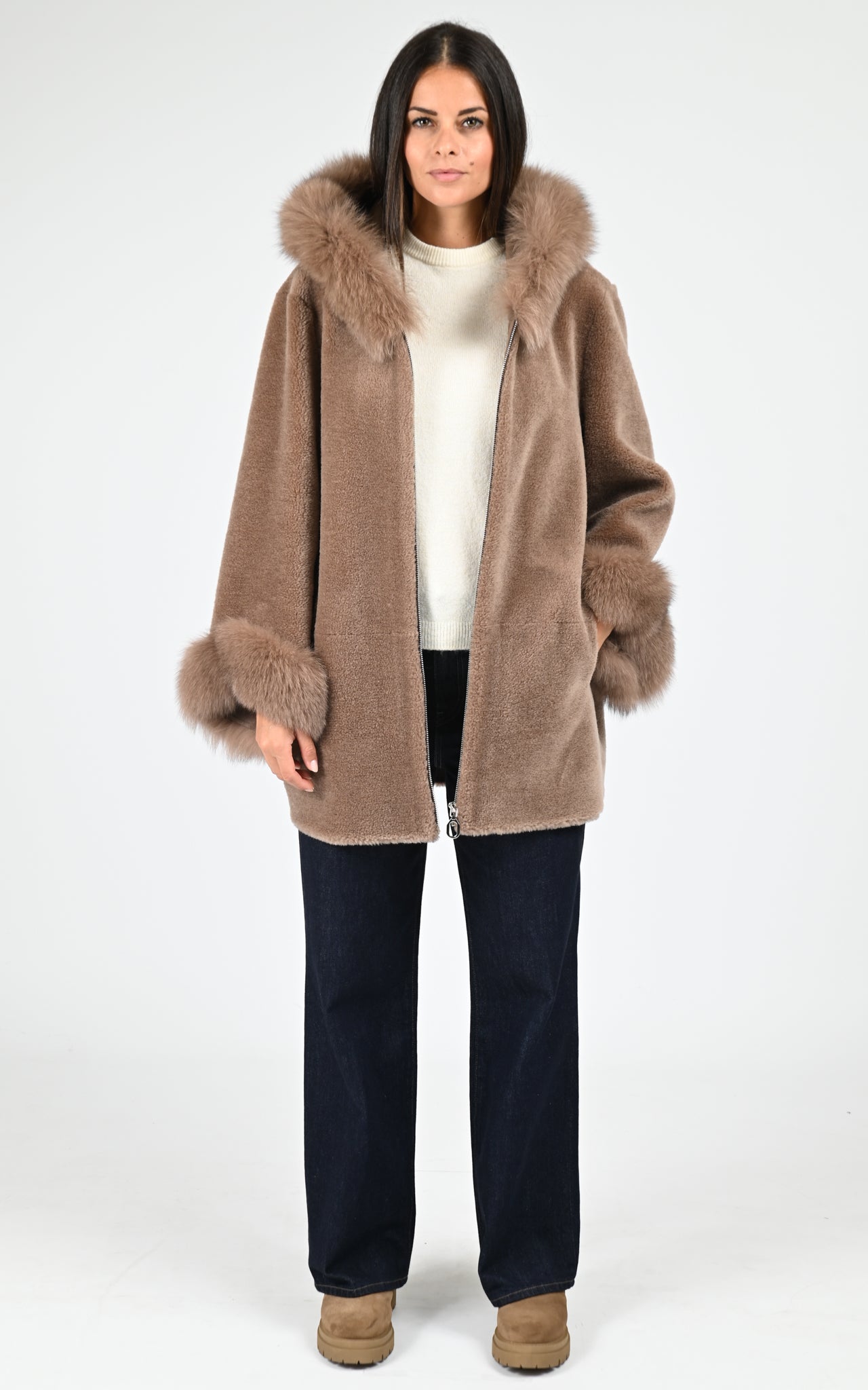 Manteau cape laine tissée et renard noisette 2