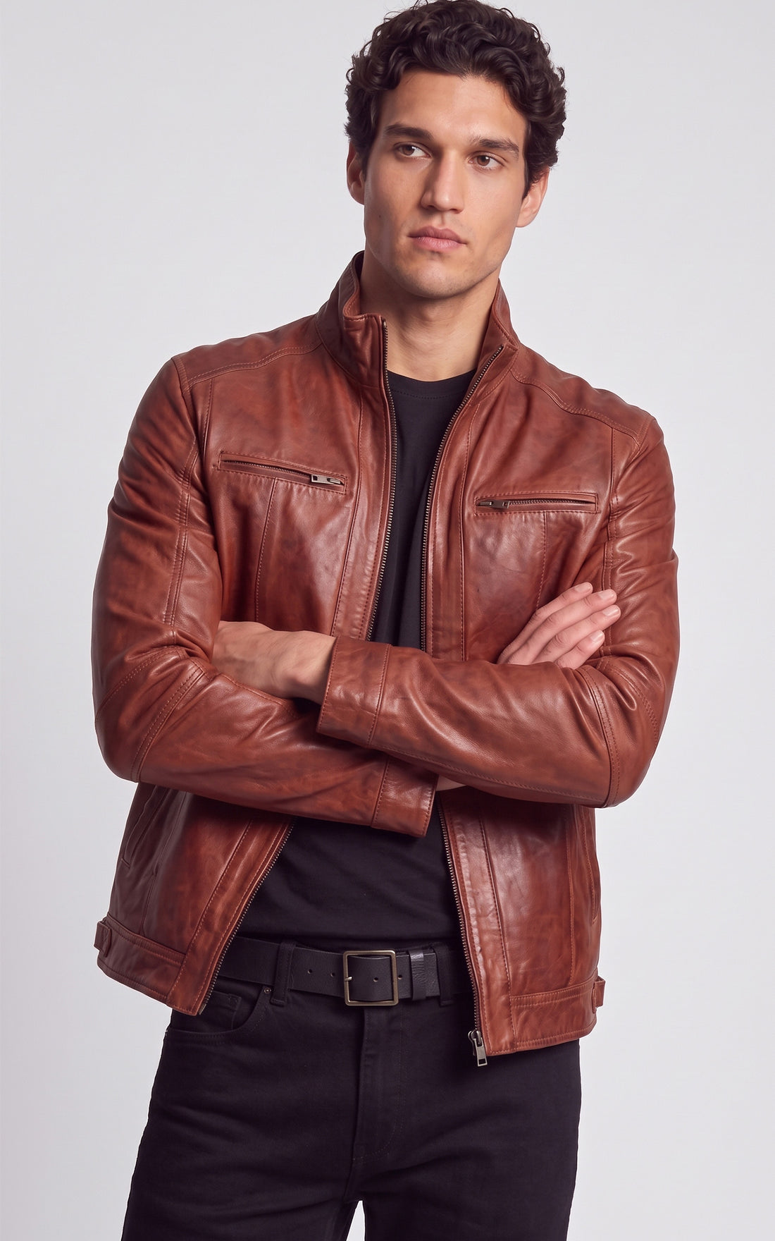 Blouson motard cuir verni Marlow cognac
