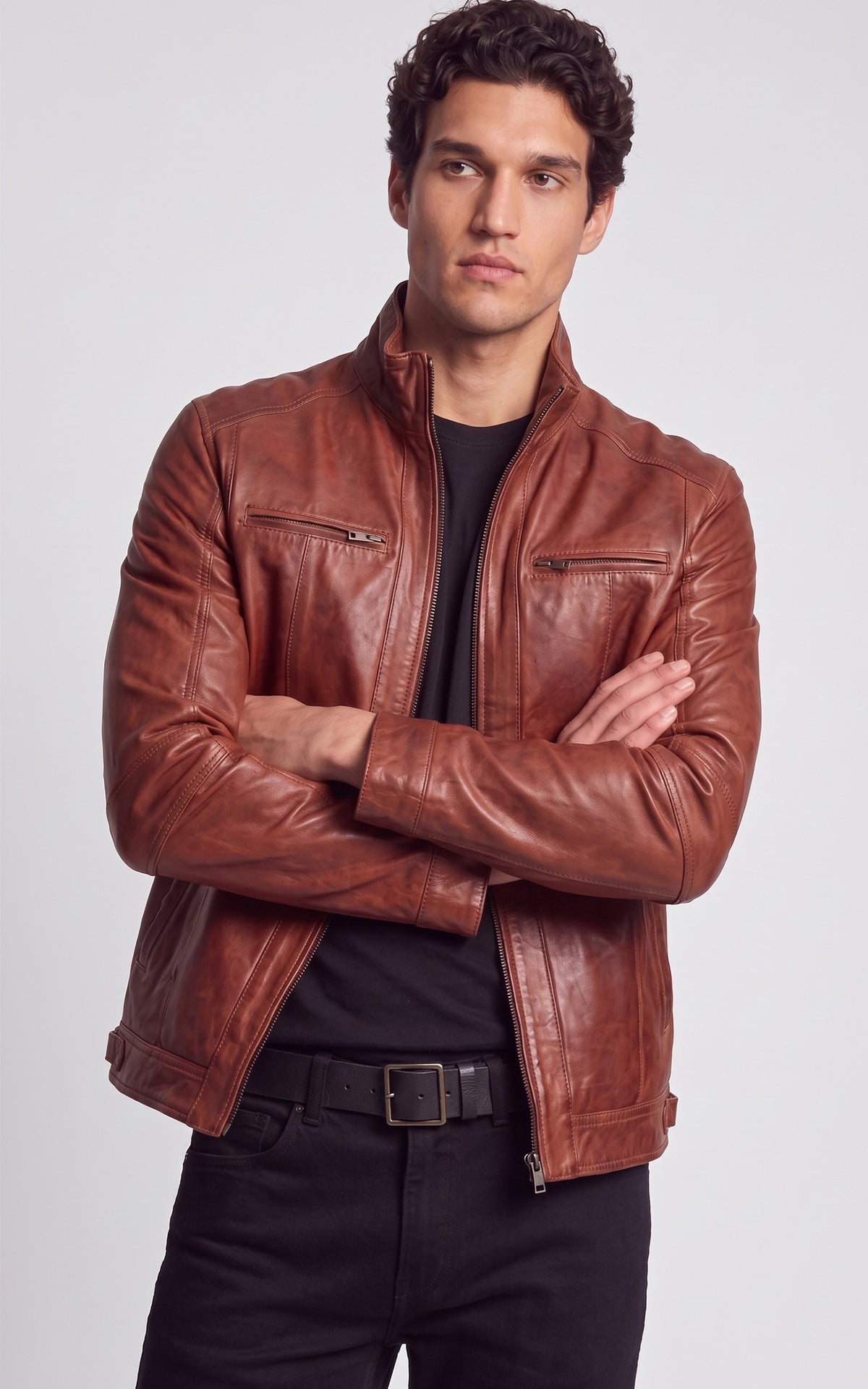 Blouson motard cuir verni Marlow cognac 1