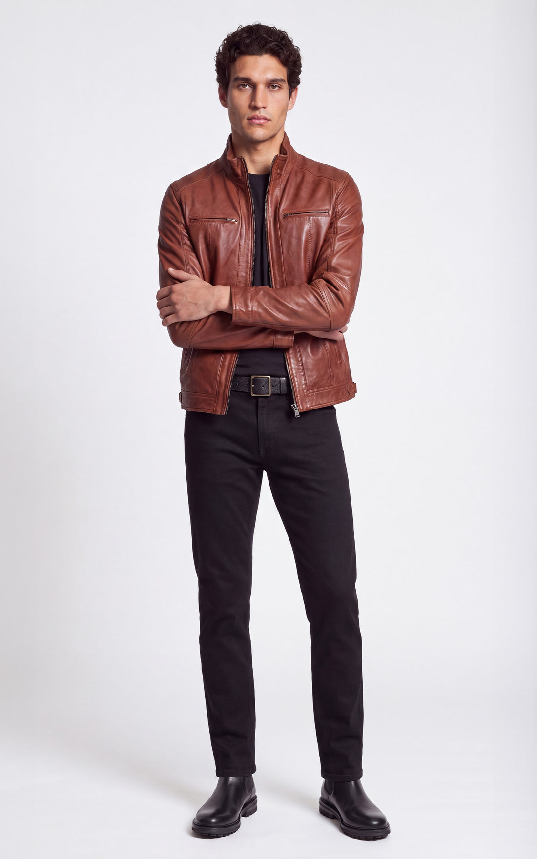 Blouson motard cuir verni Marlow cognac