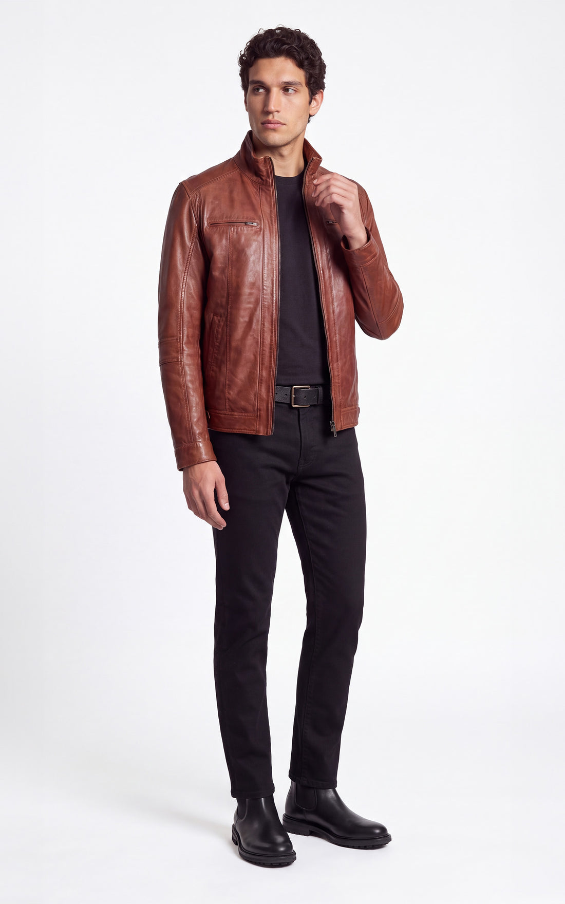 Blouson motard cuir verni Marlow cognac